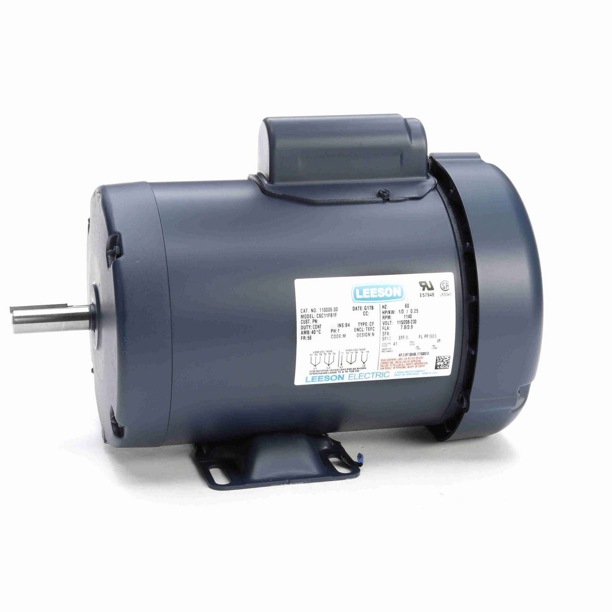 LEESON General Purpose Motor, 0.33 HP, 1 Ph, 60 Hz, 115/230 V, 1200 RPM, 56 Frame, TEFC - 110009.00
