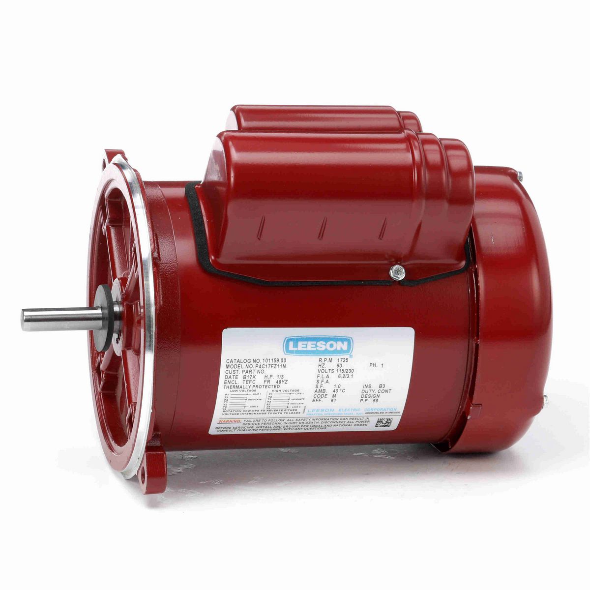 LEESON Auger Drive Motor, 0.33 HP, 1 Ph, 60 Hz, 115/230 V, 1800 RPM, 48Y Frame, TEFC - 101159.00