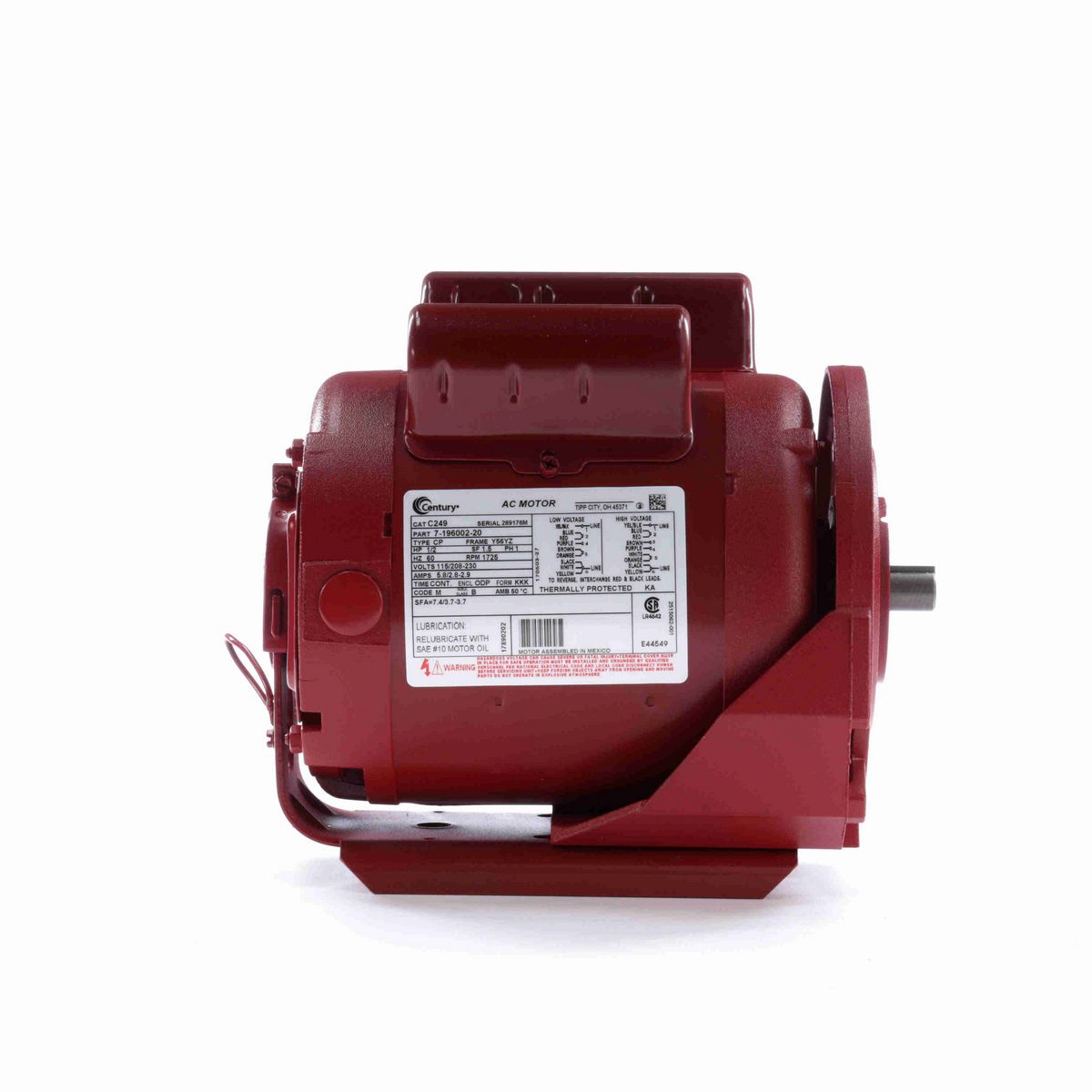 Century Circulator Pump Motor, 1/2 HP, 1 Ph, 60 Hz, 115/208-230 V, 1800 RPM, Y56YZ Frame, ODP - C249