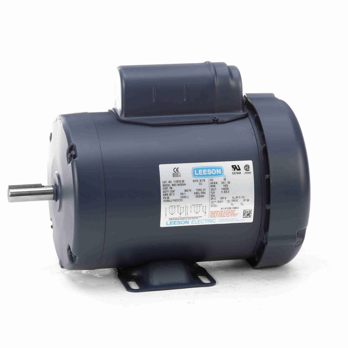 LEESON Special Voltage Motor, 0.75 HP, 1 Ph, 50 Hz, 110/220 V, 1500 RPM, 56 Frame, TEFC - 113910.00