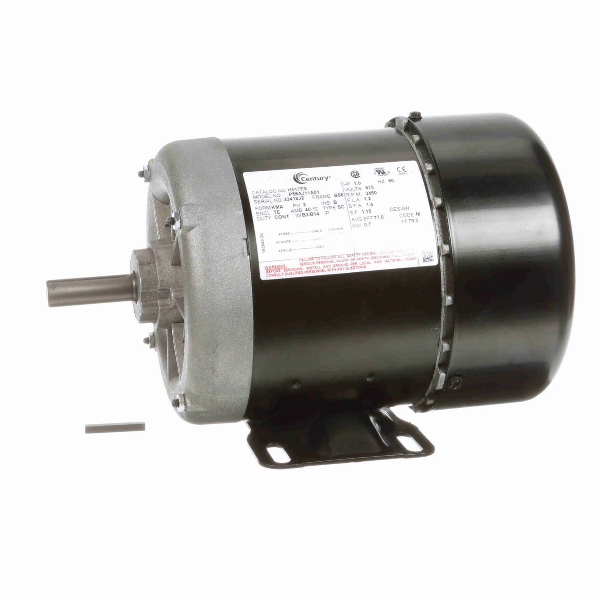 Century General Purpose Motor, 1.0 HP, 3 Ph, 60 Hz, 575 V, 3600 RPM, B56 Frame, TEFC - H517ES