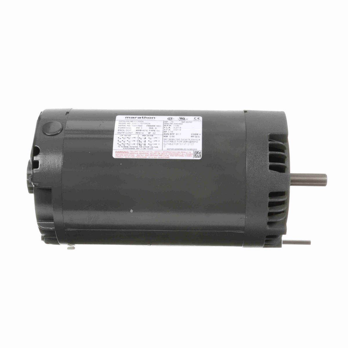 LEESON General Purpose Motor, 0.75 & 0.50 HP, 3 Ph, 60 & 50 Hz, 230/460 & 190/380 V, 1200 & 1000 RPM, 56C Frame, DP - K1300A