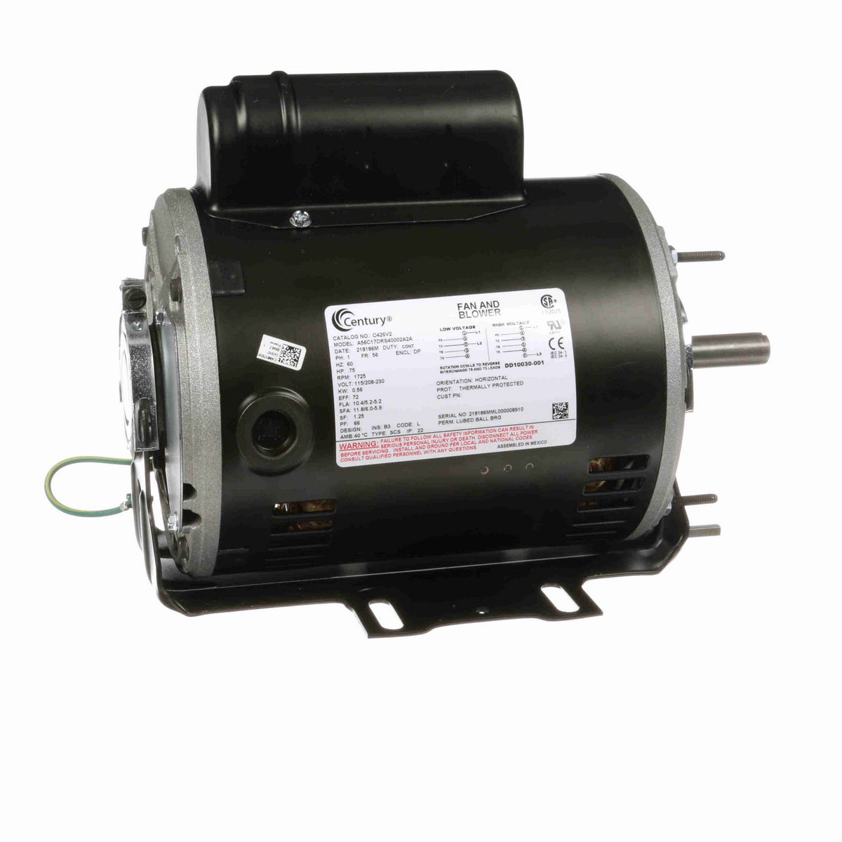 Century Fan and Blower Motor, 0.75 HP, 1 Ph, 60 Hz, 115/230 V, 1800 RPM, 56 Frame, DP - C426V2