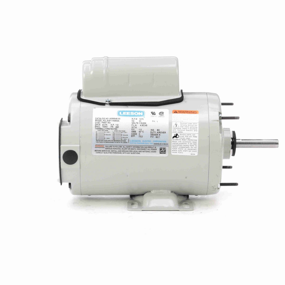 LEESON Agricultural Motor, 0.50 HP, 1 Ph, 60 Hz, 115/230 V, 1200 RPM, 48Z Frame, TEAO - A099946.00