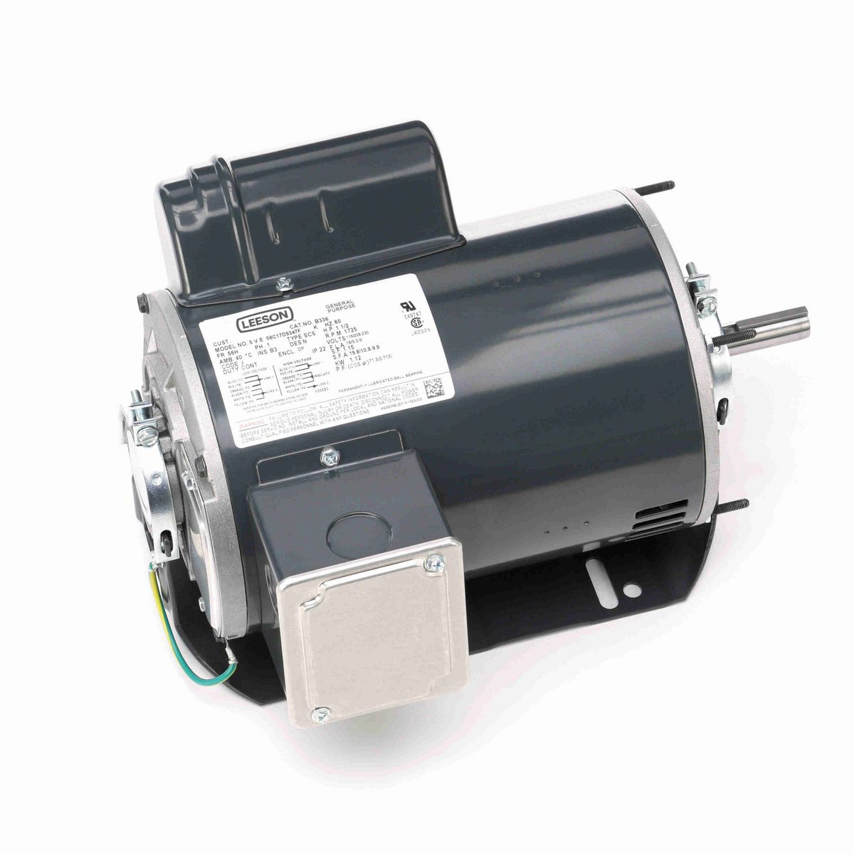 LEESON General Purpose Motor, 1.50 HP, 1 Ph, 60 Hz, 115/208-230 V, 1800 RPM, 56H Frame, DP - B336