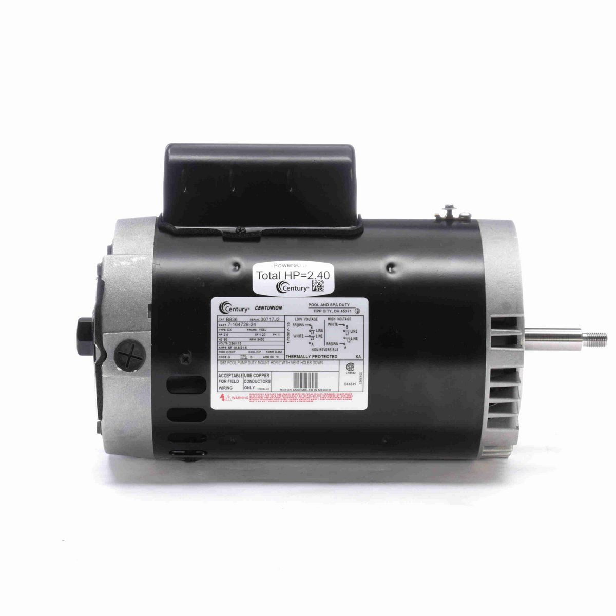 Century Pool Pump Motor, 2.0 HP, 1 Ph, 60 Hz, 230/115 V, 3600 RPM, Y56J Frame, DP - B836