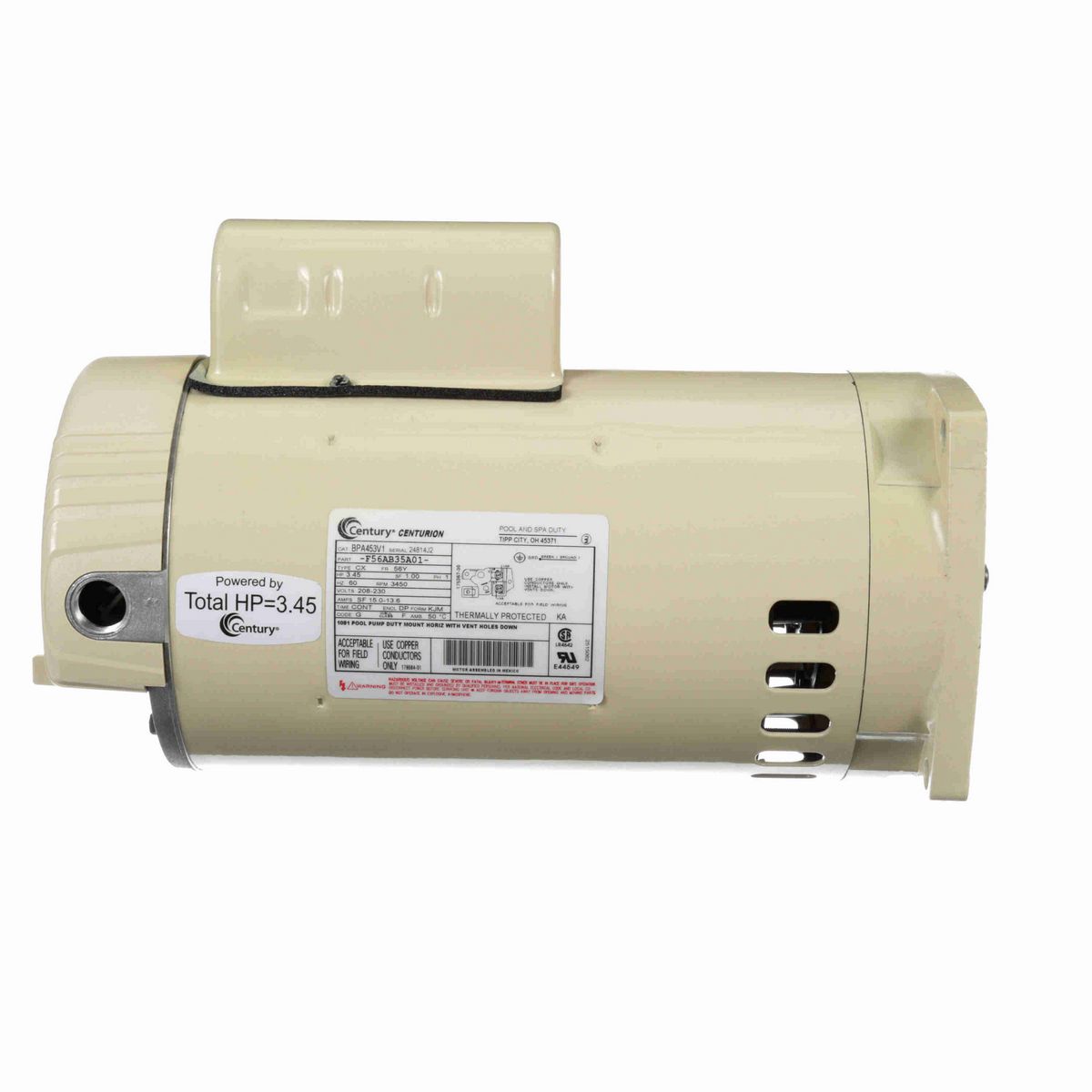 Century Pool Pump Motor, 3.45 HP, 1 Ph, 60 Hz, 208-230 V, 3600 RPM, 56Y Frame, DP - BPA453V1