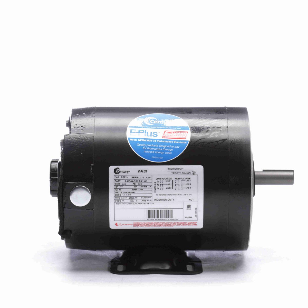Century E-PLUS ® Speed Ratio Motor, 1/2 HP, 3 Ph, 60 Hz, 208-230/460 V, 1800 RPM, 56C Frame, TENV - E181L