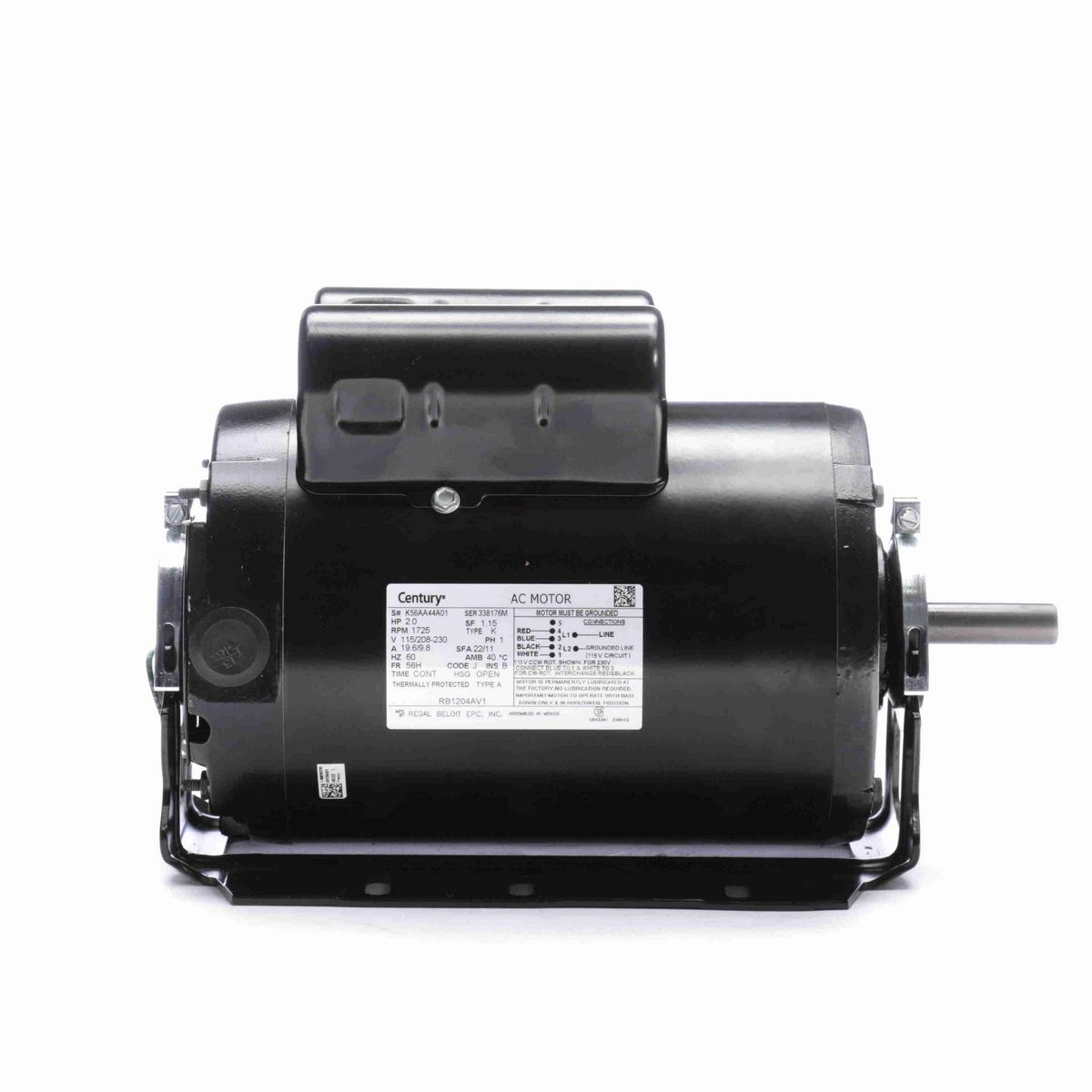 Century Fan and Blower Motor, 2.0 HP, 1 Ph, 60 Hz, 115/208-230 V, 1800 RPM, 56H Frame, OPEN - RB1204AV1
