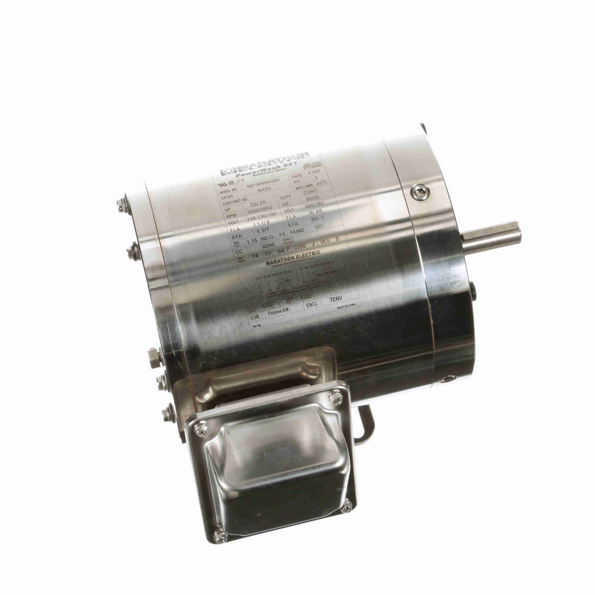 LEESON General Purpose Motor, 0.33 & 0.25 HP, 3 Ph, 60 & 50 Hz, 208-230/460 & 190/380 V, 3600 & 3000 RPM, 56C Frame, TENV - N450