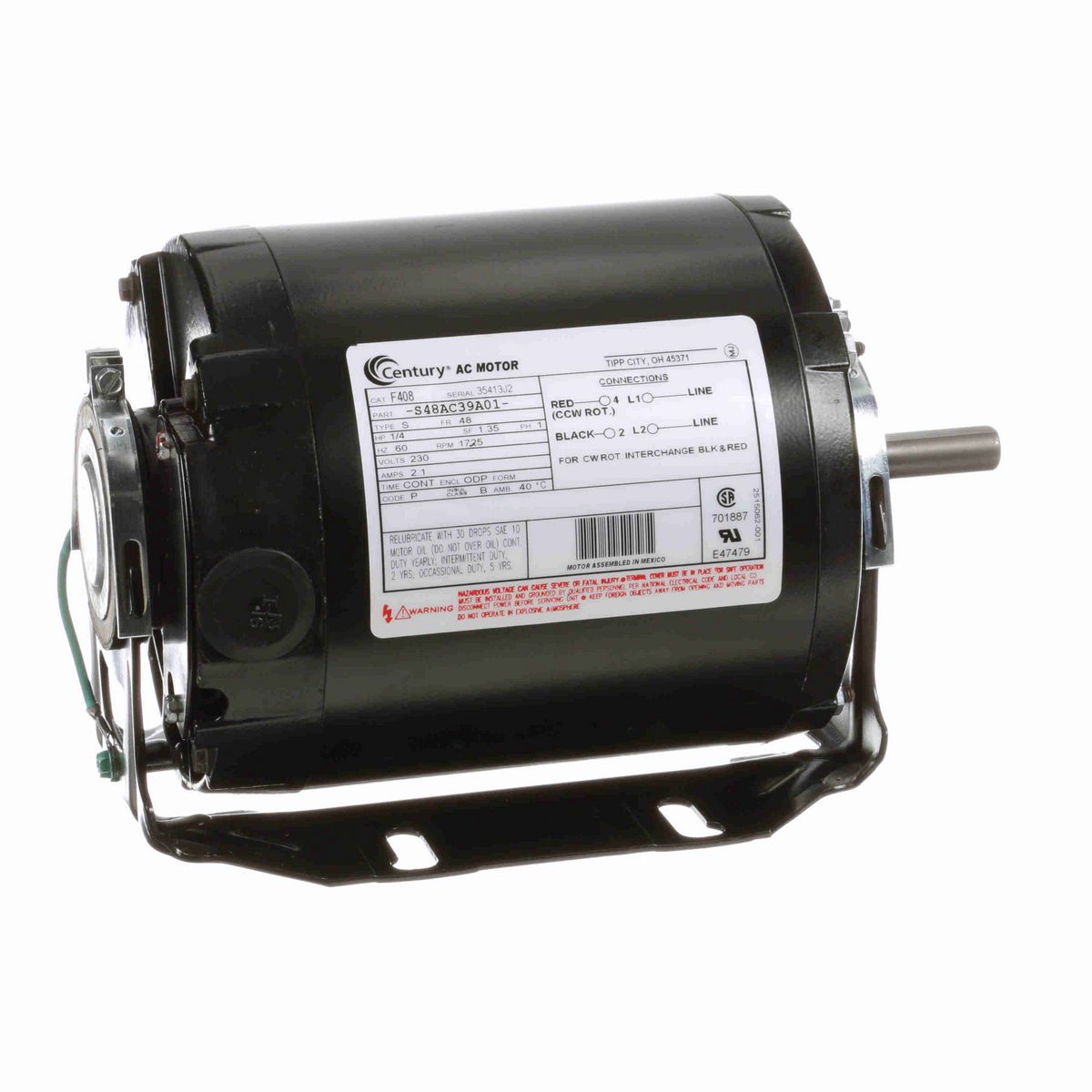 Century General Purpose Motor, 1/4 HP, 1 Ph, 60 Hz, 230 V, 1800 RPM, 48 Frame, ODP - F408