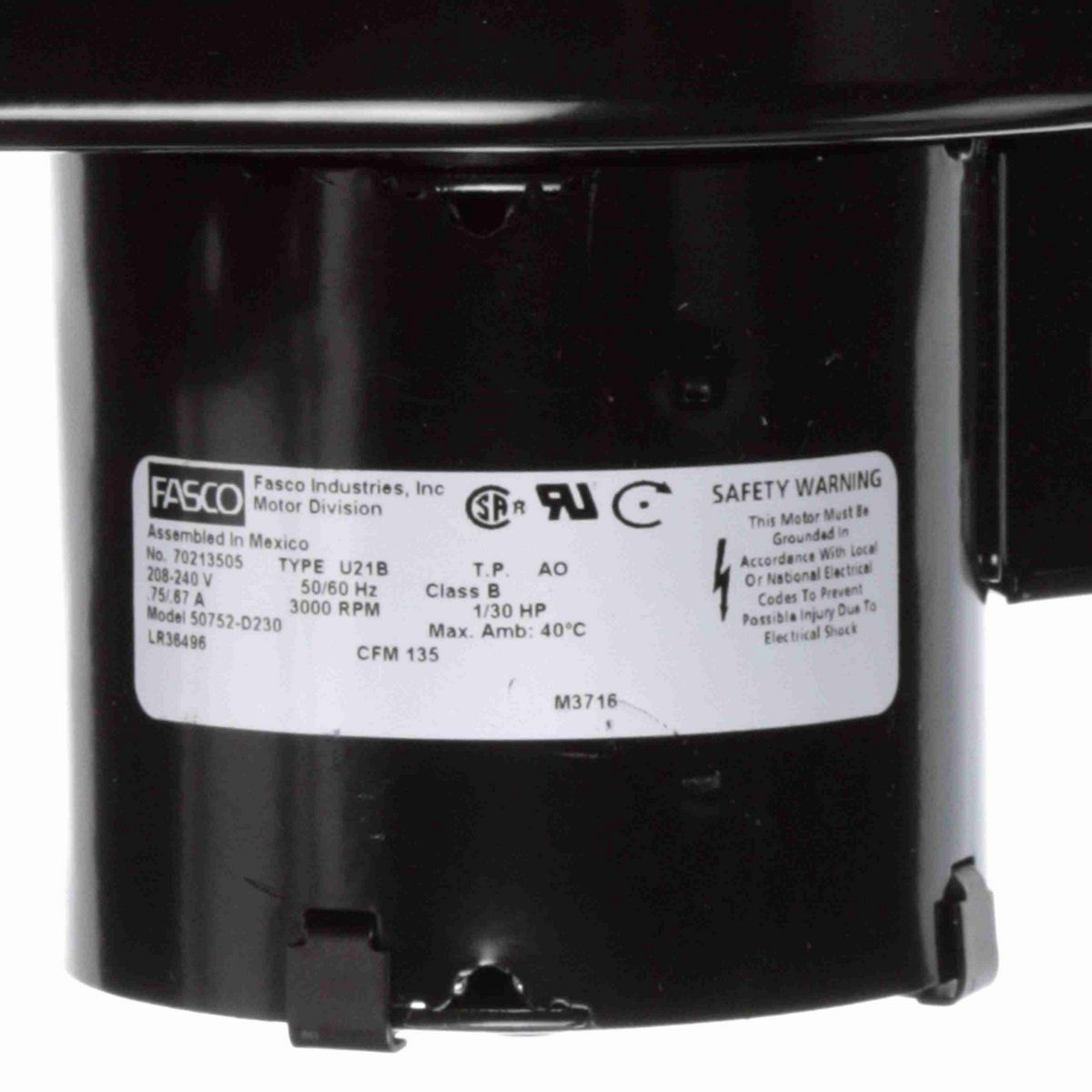 FASCO Square Outlet Shaded Pole Centrifugal Blower, 208-240 Volts, Flange: Yes - 50752-D230