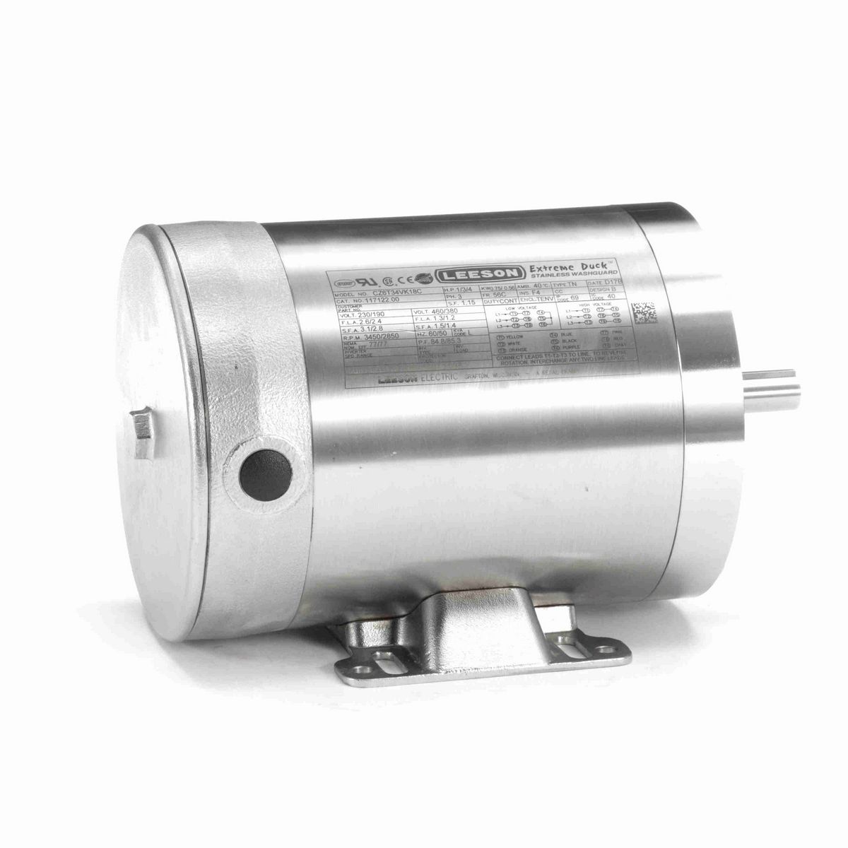LEESON Extreme Duck® Ultra General Purpose Motor, 1 & 0.75 HP, 3 Ph, 60 & 50 Hz, 230/460 & 190/380 V, 3600 & 3000 RPM, 56C Frame, TENV - 117122.00