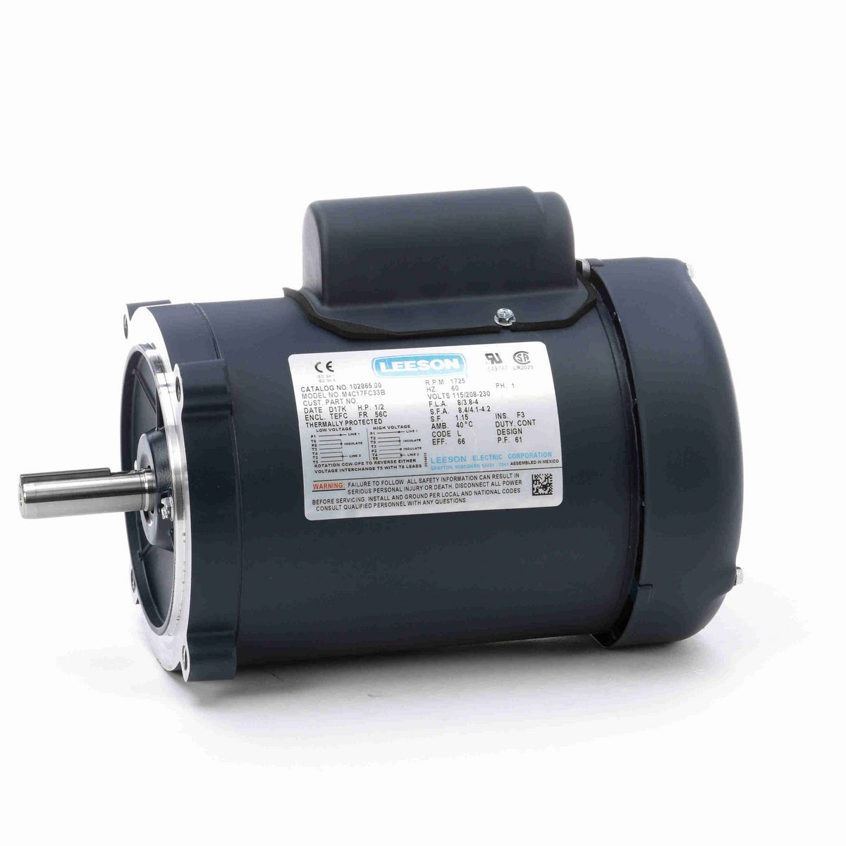 LEESON General Purpose Motor, 0.50 HP, 1 Ph, 60 Hz, 115/230 V, 1800 RPM, 56C Frame, TEFC - 102865.00