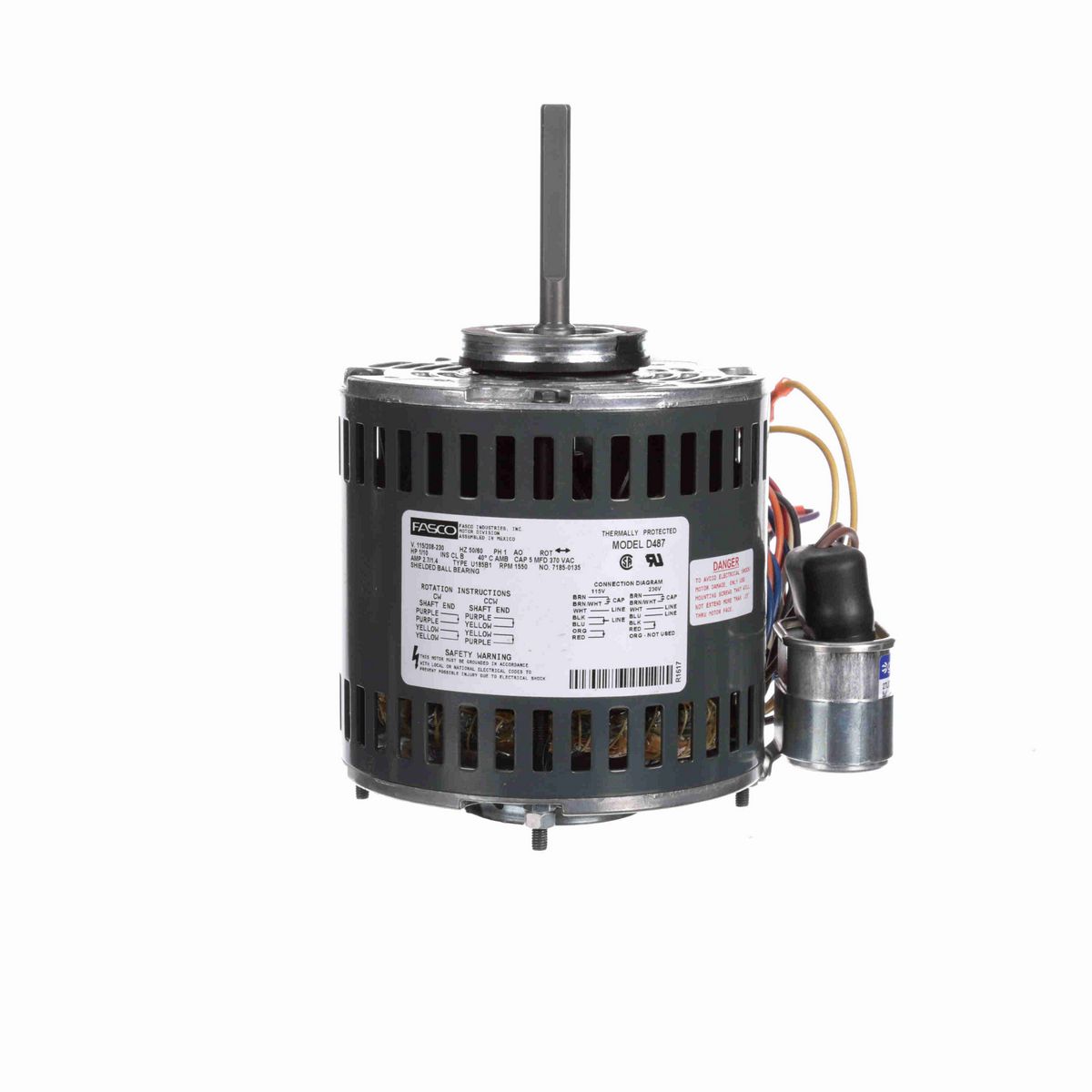 FASCO Refrigeration Motor, 1/10 HP, 1 Ph, 60 Hz, 115/208-230 V, 1550 RPM, 1 Speed, 42 Frame, OAO - D487