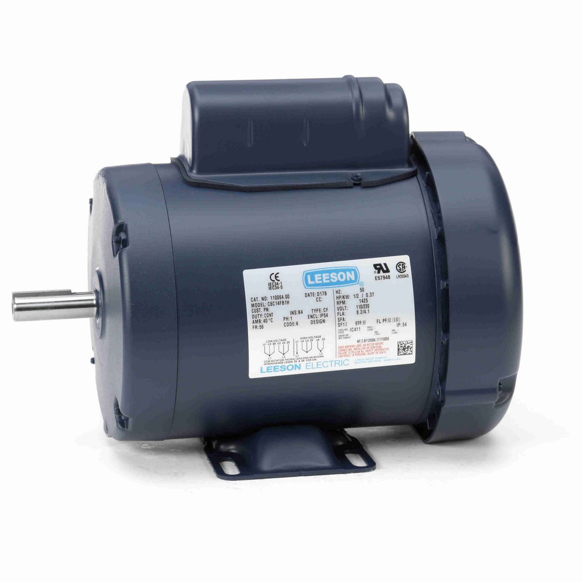 LEESON Special Voltage Motor, 0.50 HP, 1 Ph, 50 Hz, 110/220 V, 1500 RPM, 56 Frame, TEFC - 110064.00