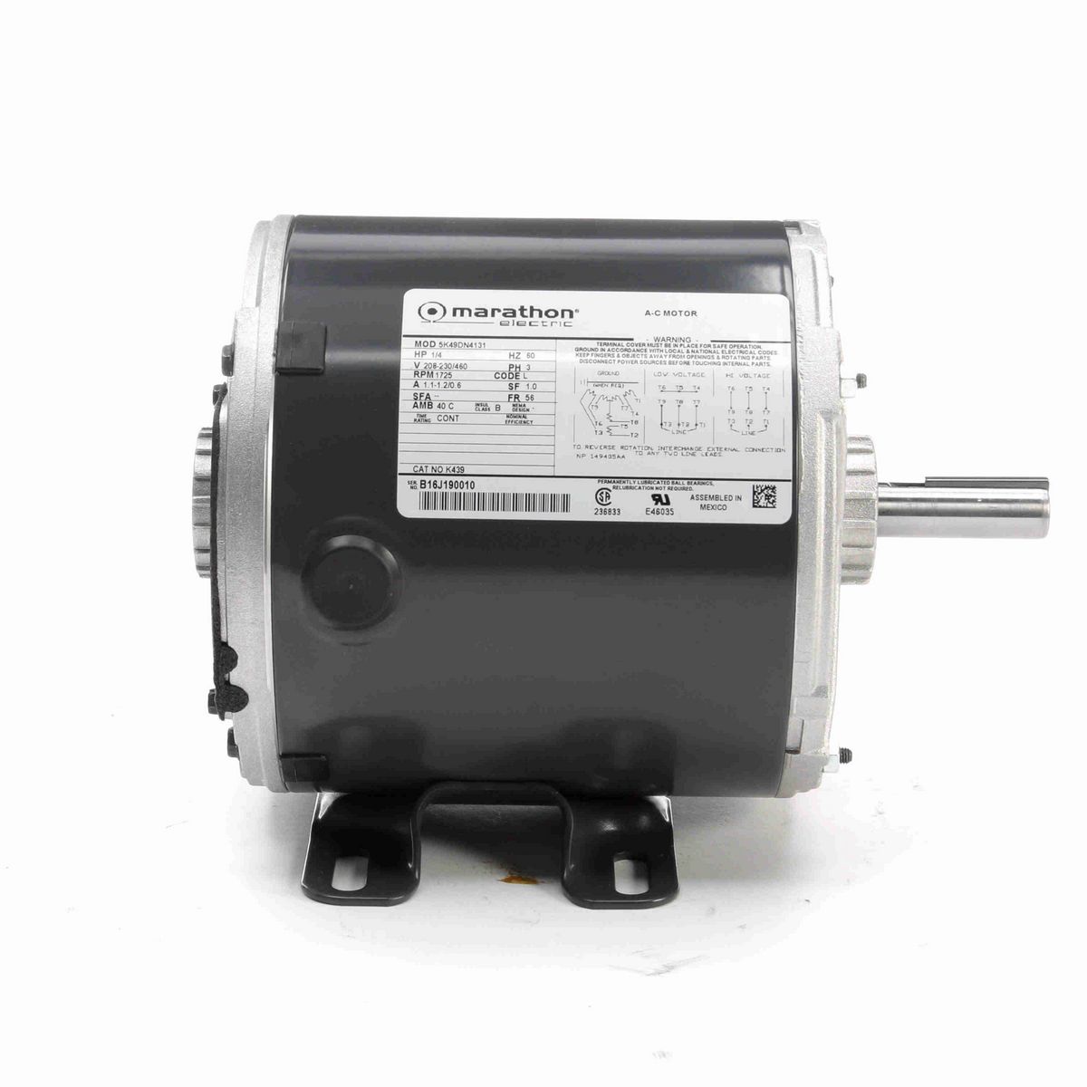 LEESON General Purpose Motor, 0.25 HP, 3 Ph, 60 Hz, 208-230/460 V, 1800 RPM, 56 Frame, TENV - K439