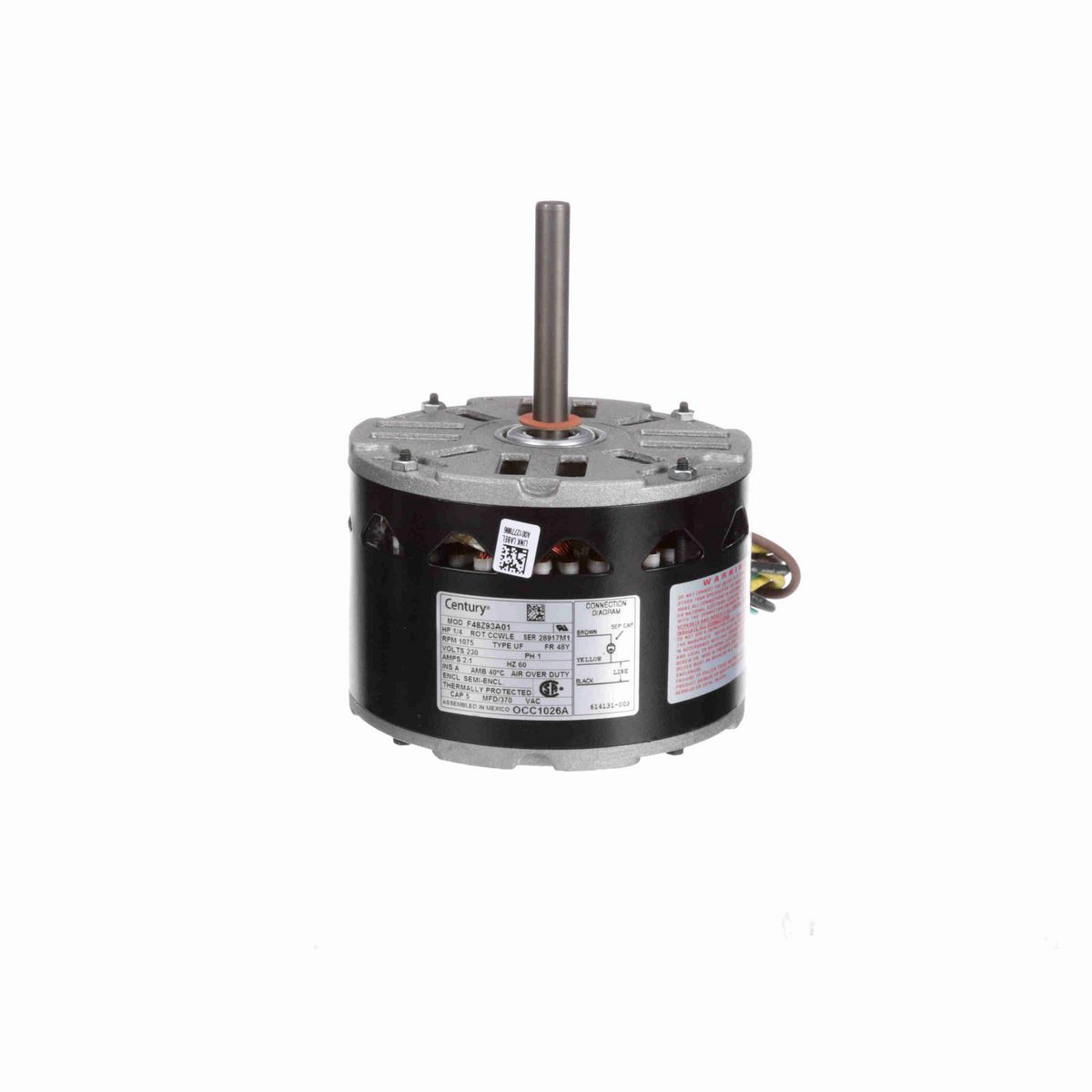 Century OEM Replacement Motor, 1/4 HP, 1 Ph, 60 Hz, 230 V, 1075 RPM, 1 Speed, 48 Frame, SEMI ENCL - OCC1026A