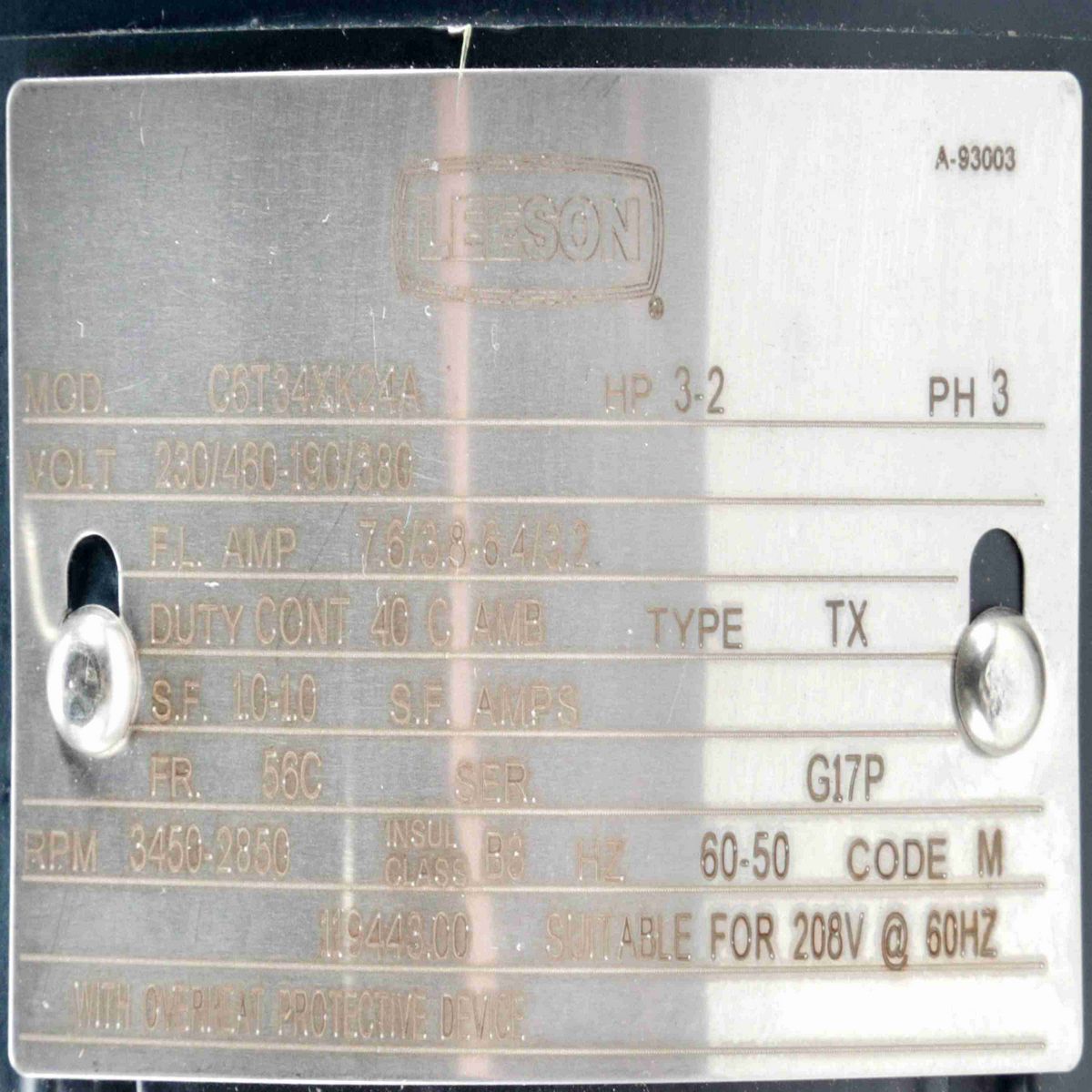 LEESON Explosion Proof Motor, 3 & 2 HP, 3 Ph, 60 & 50 Hz, 230/460 & 190/380 V, 3600 & 3000 RPM, 56C Frame, EPFC - 119443.00