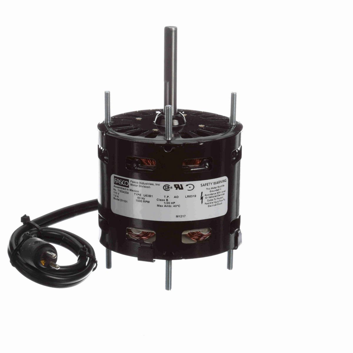 FASCO OEM Replacement Motor, 1/20 HP, 1 Ph, 60 Hz, 115 V, 1500 RPM, 1 Speed, 3.3" Diameter, OAO - D1101