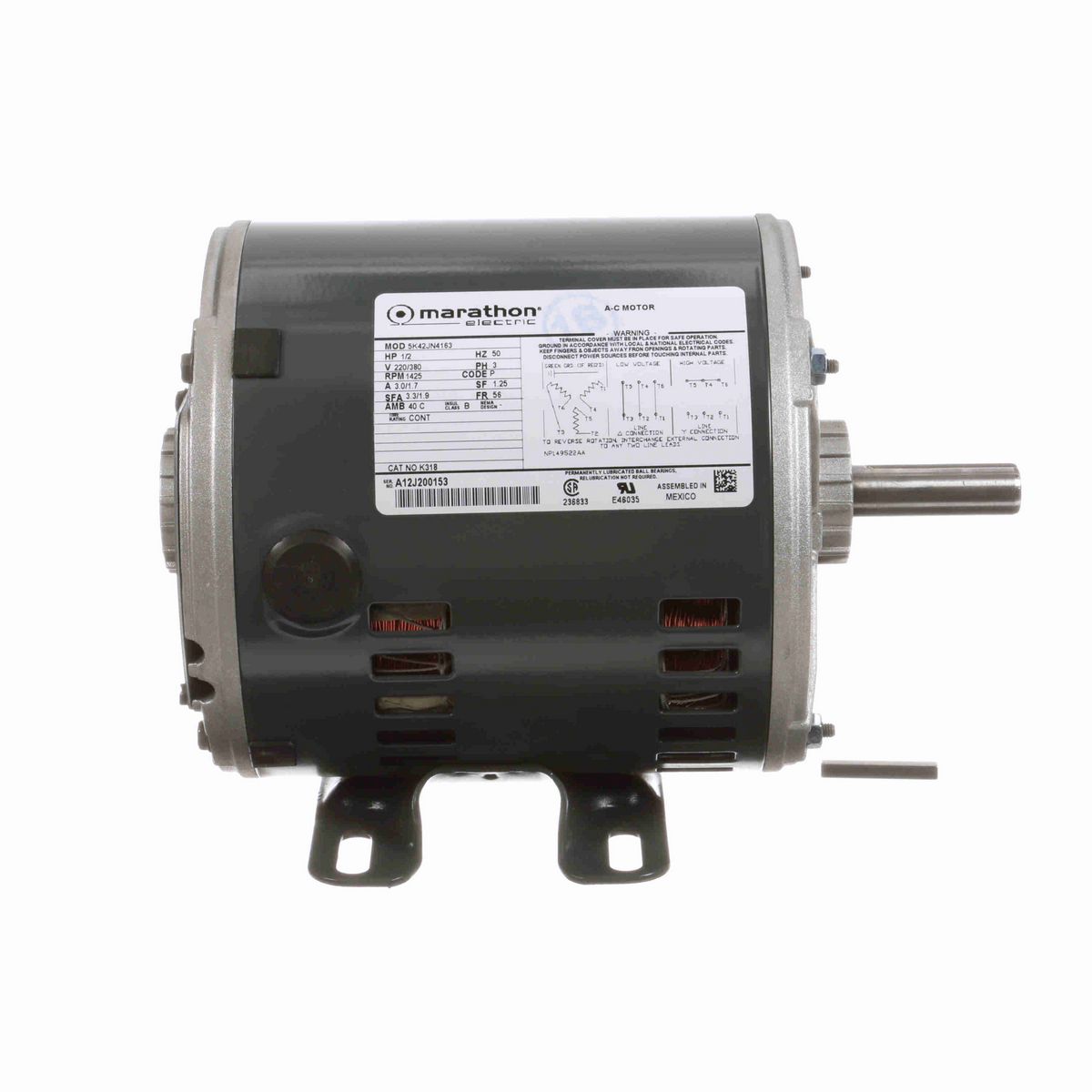 LEESON General Purpose Motor, 0.50 HP, 3 Ph, 50 Hz, 220/380 V, 1500 RPM, 56 Frame, DP - K318