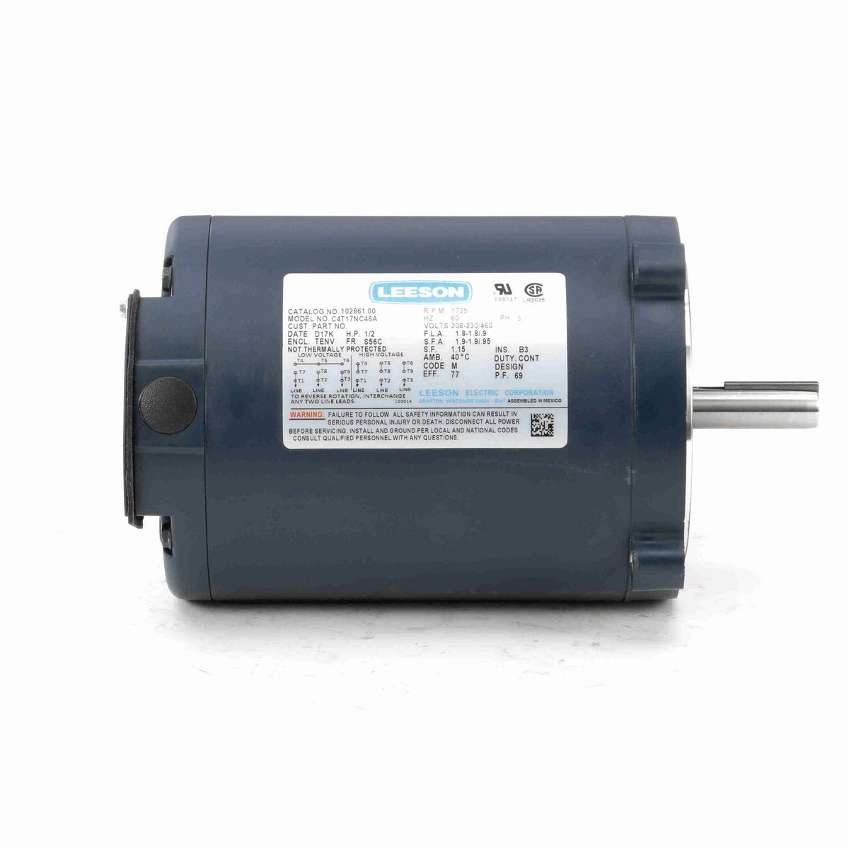 LEESON General Purpose Motor, 0.50 HP, 3 Ph, 60 Hz, 230/460 V, 1800 RPM, S56C Frame, TENV - 102861.00