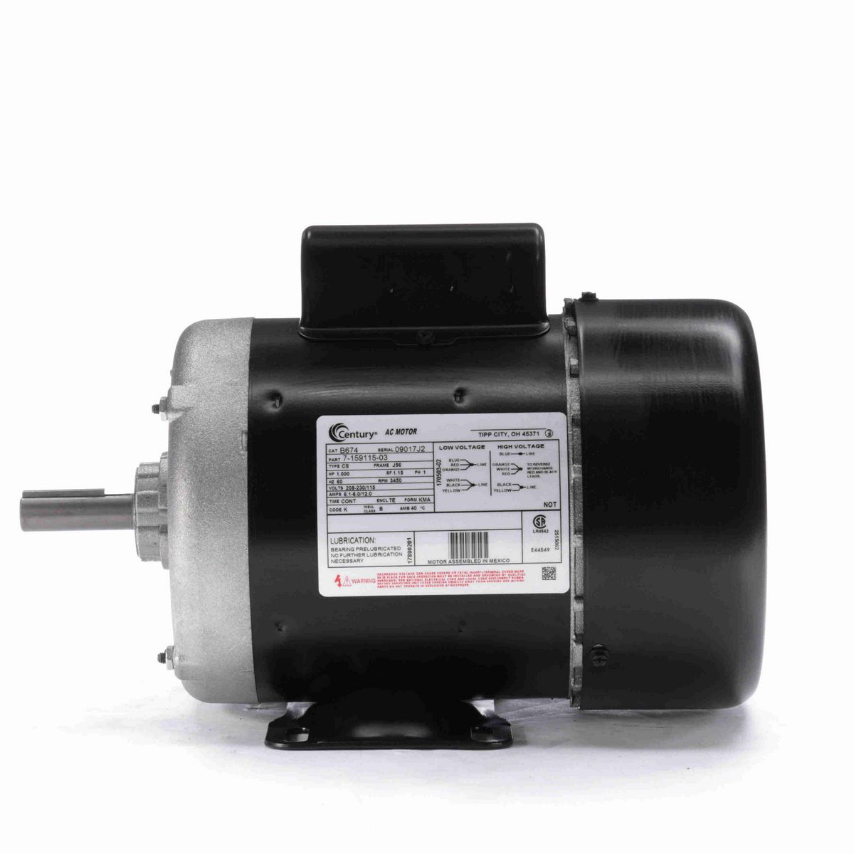 Century General Purpose Farm Duty Motor, 1.000 HP, 1 Ph, 60 Hz, 208-230/115 V, 3600 RPM, J56 Frame, TEFC - B674