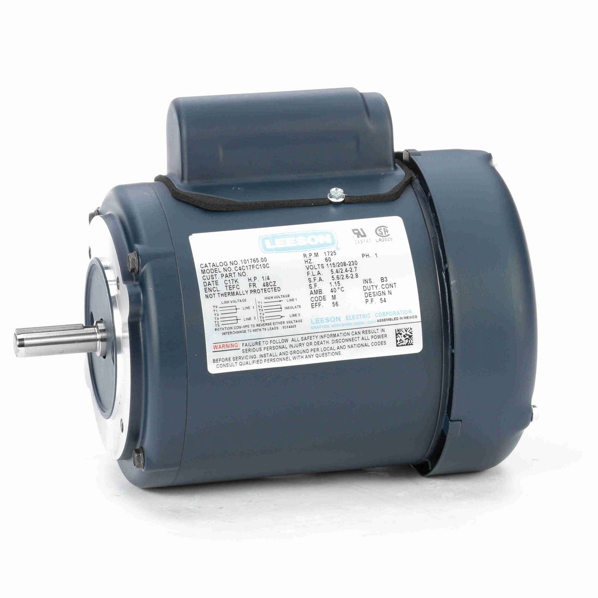 LEESON General Purpose Motor, 0.25 HP, 1 Ph, 60 Hz, 115/230 V, 1800 RPM, 48C Frame, TEFC - 101765.00