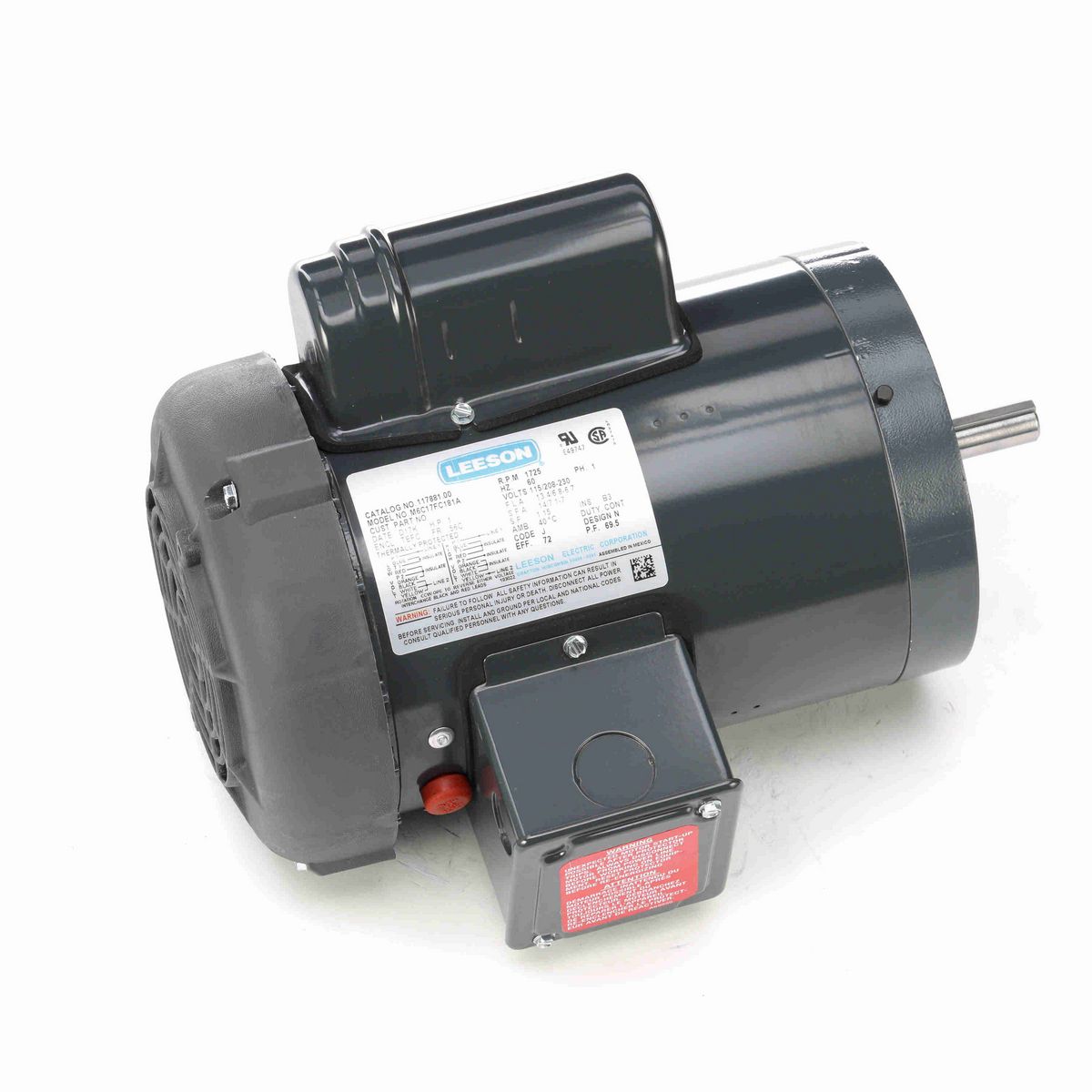 LEESON Agricultural Motor, 1 HP, 1 Ph, 60 Hz, 115/230 V, 1800 RPM, 56C Frame, TEFC - 117881.00