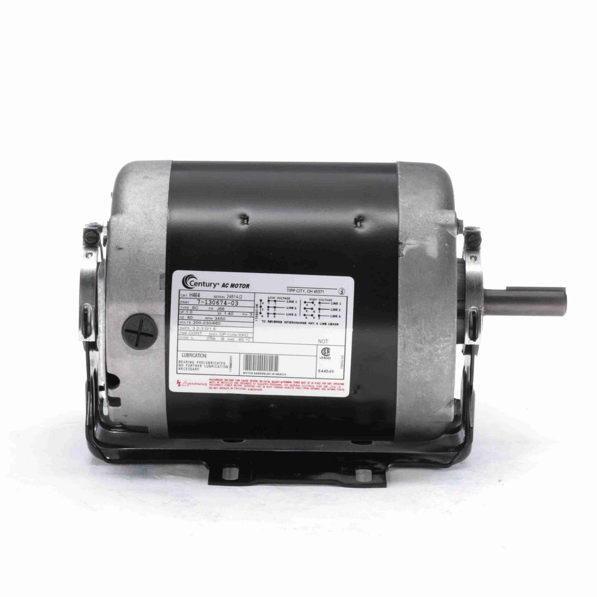 Century General Purpose Motor, 1.0 HP, 3 Ph, 60 Hz, 200-230/460 V, 3600 RPM, J56 Frame, DP - H464