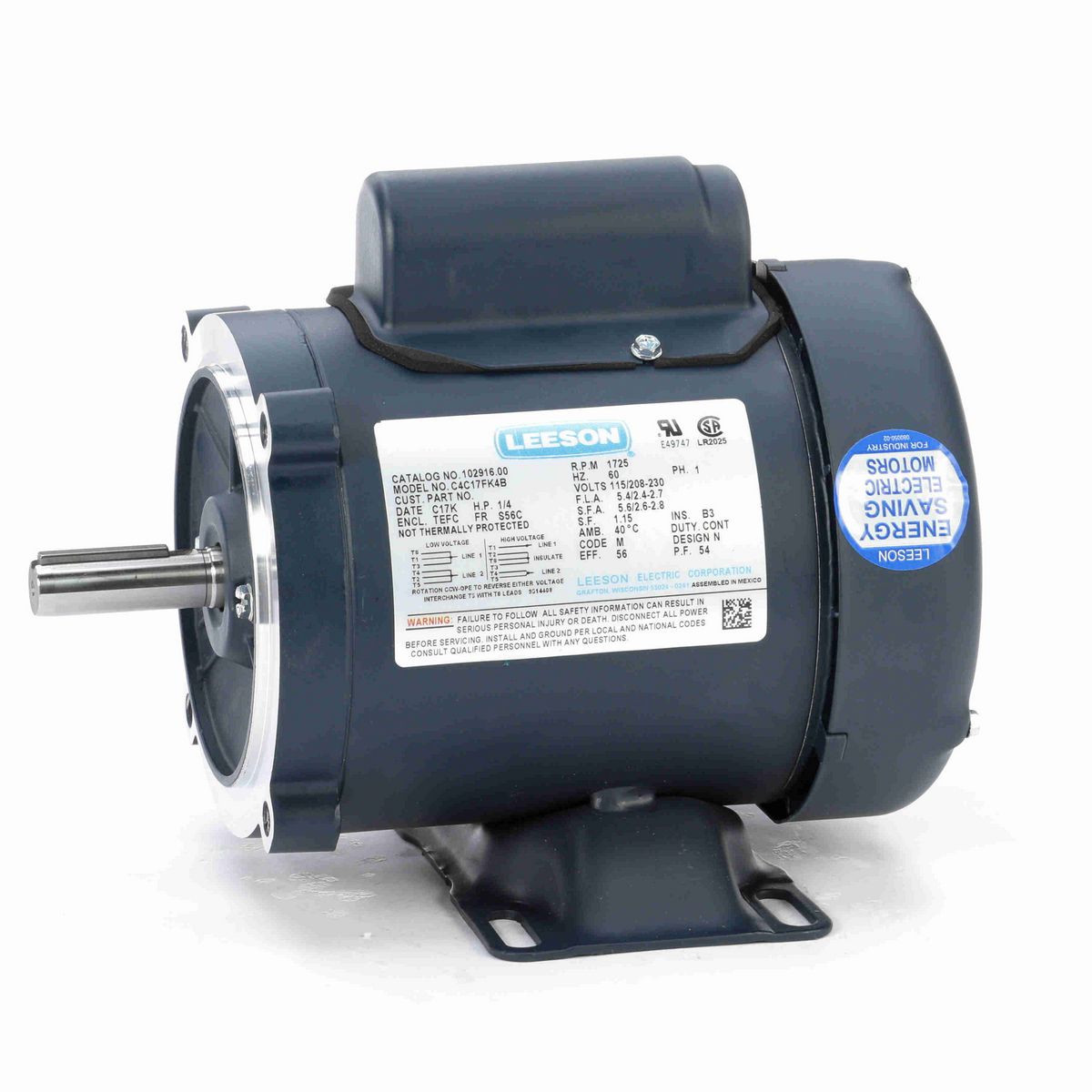 LEESON General Purpose Motor, 0.25 HP, 1 Ph, 60 Hz, 115/230 V, 1800 RPM, S56C Frame, TEFC - 102916.00