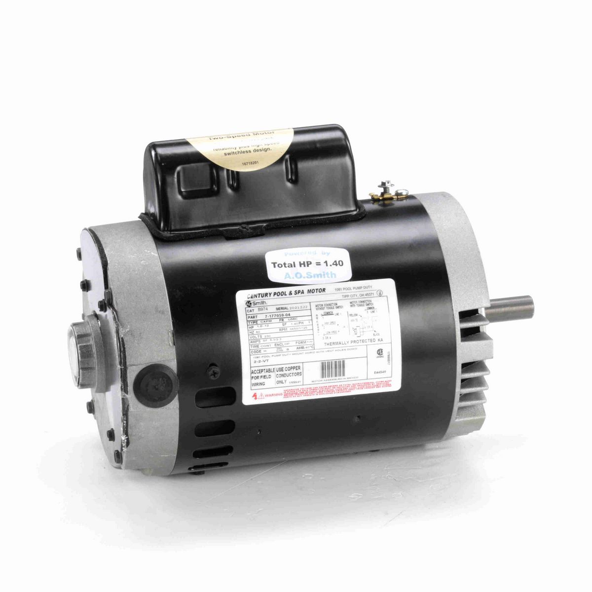 Century Pool Pump Motor, 1.0-.12 HP, 1 Ph, 60 Hz, 230 V, 3600 RPM, U56C Frame, DP - B974