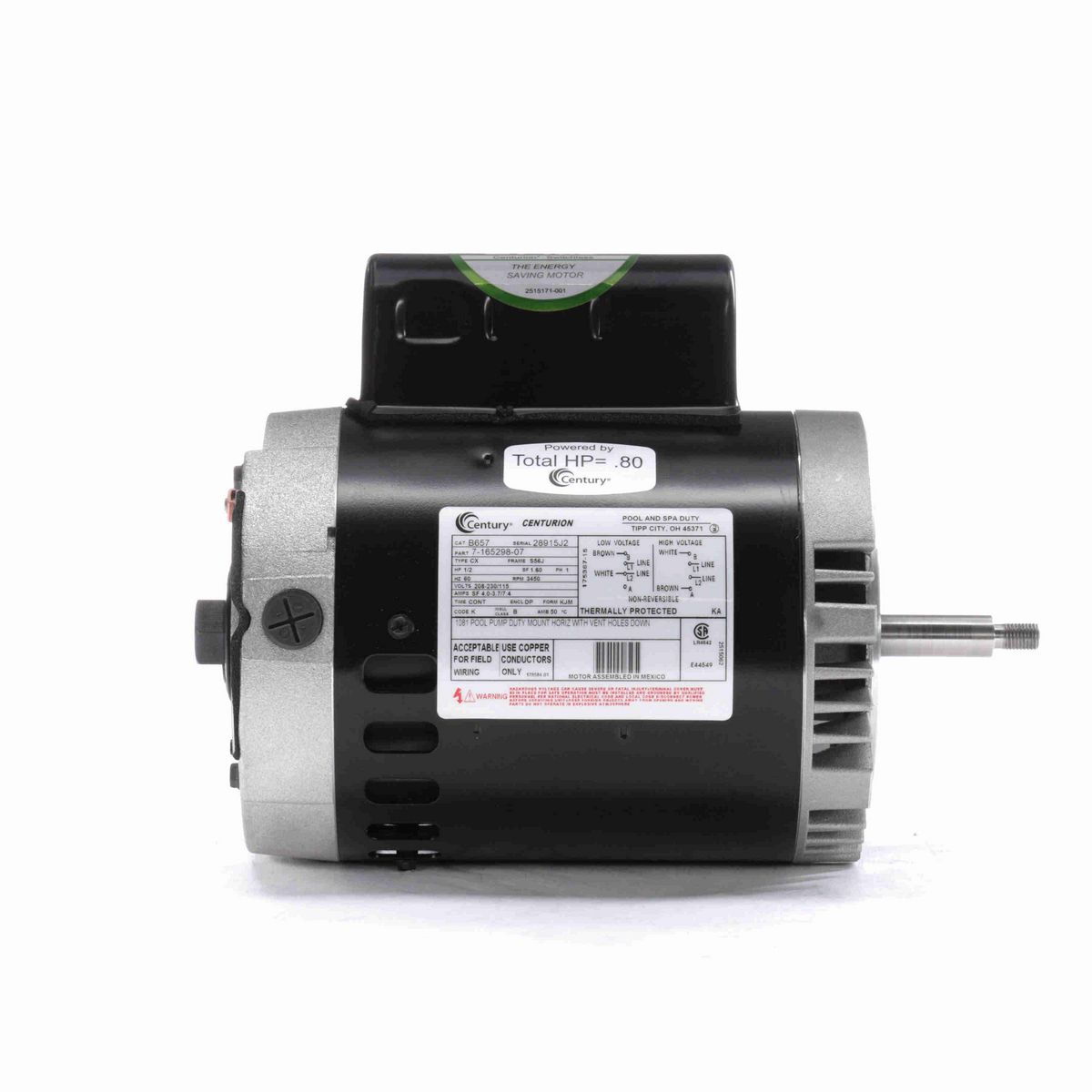 Century Pool Pump Motor, 1/2 HP, 1 Ph, 60 Hz, 208-230/115 V, 3600 RPM, S56J Frame, DP - B657