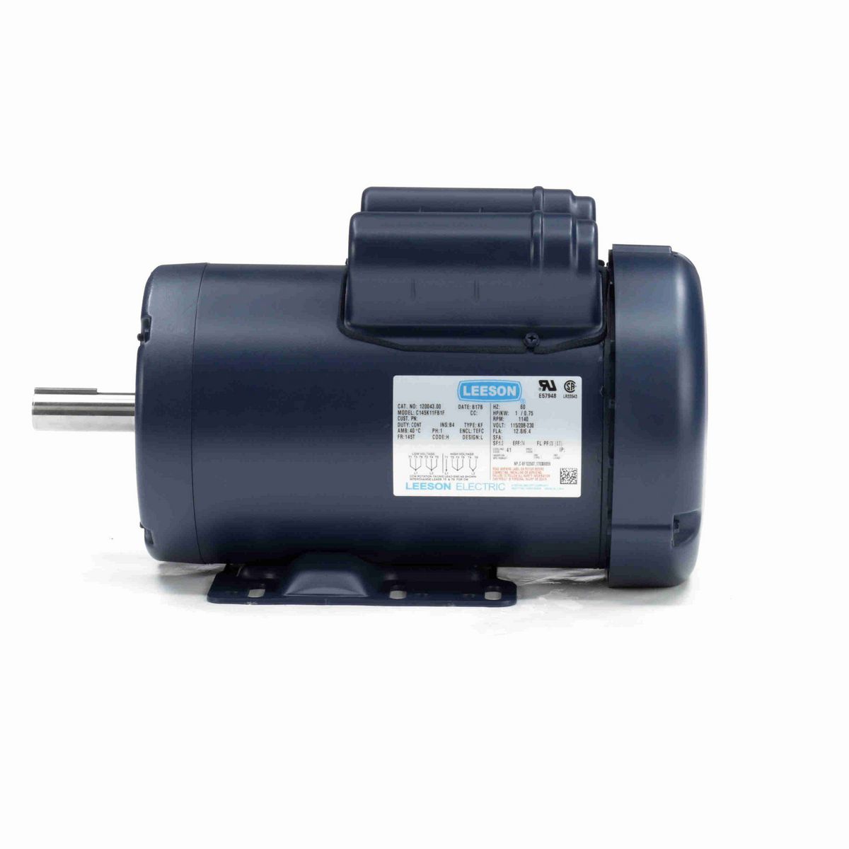 LEESON General Purpose Motor, 1 HP, 1 Ph, 60 Hz, 115/230 V, 1200 RPM, 145T Frame, TEFC - 120043.00