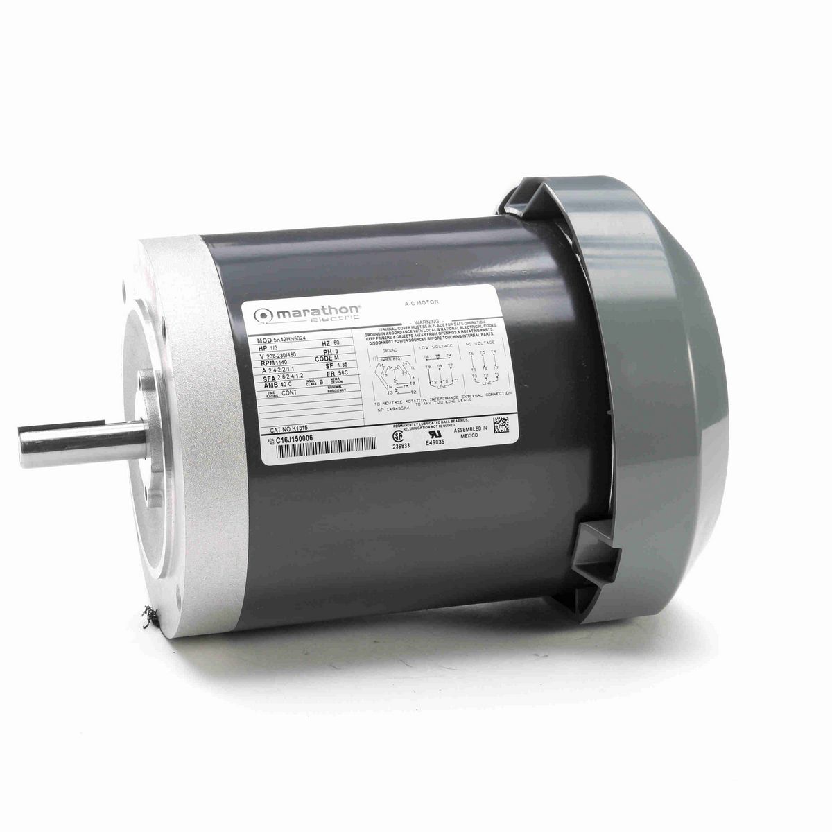 LEESON General Purpose Motor, 0.33 HP, 3 Ph, 60 Hz, 208-230/460 V, 1200 RPM, 56C Frame, TEFC - K1315