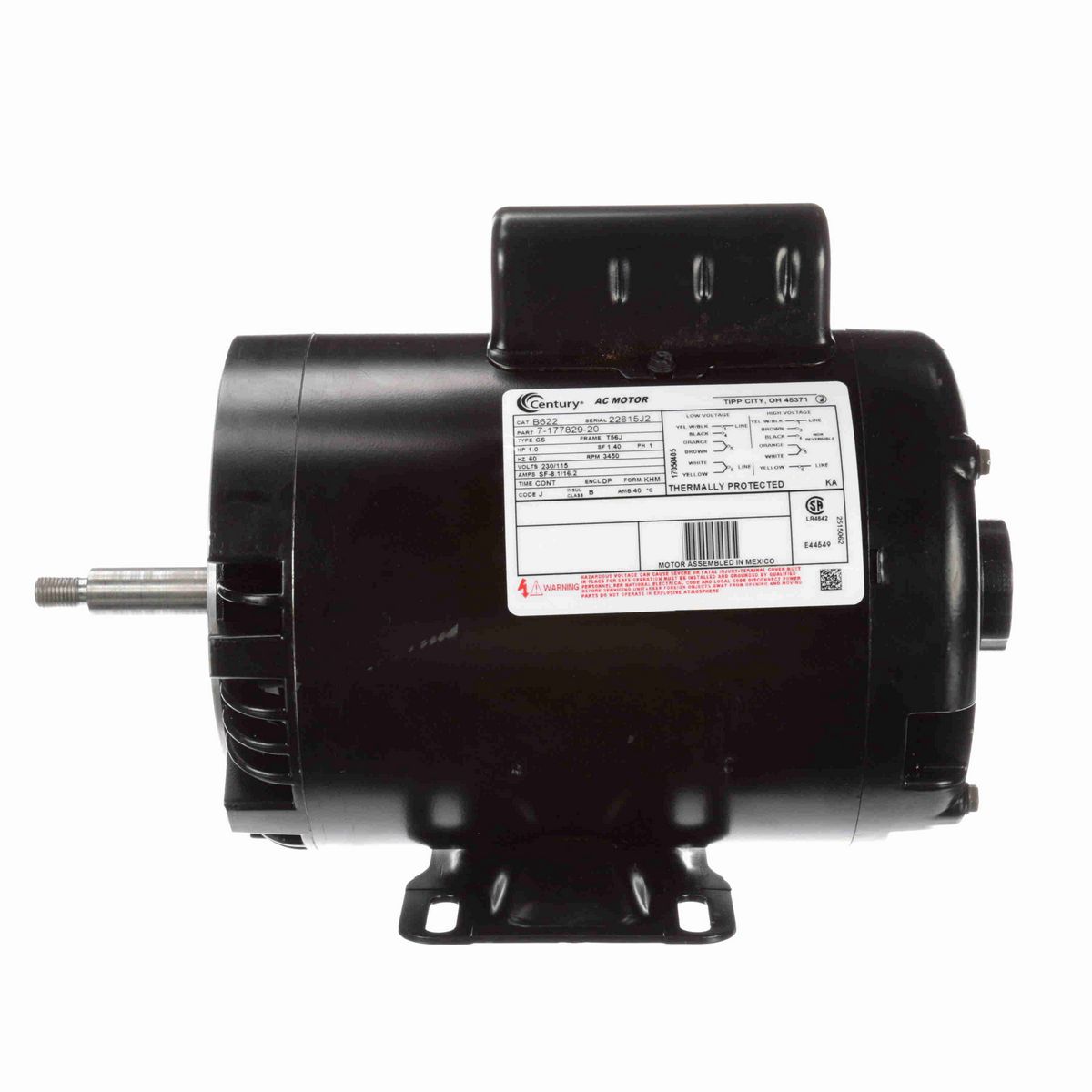 Century Centrifugal Pumps Motor, 1.0 HP, 1 Ph, 60 Hz, 230/115 V, 3600 RPM, T56J Frame, DP - B622