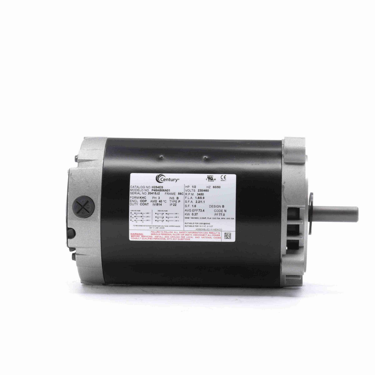 Century General Purpose Motor, .50 HP, 3 Ph, 60 Hz, 230/460 V, 3600 RPM, 56C Frame, ODP - H254ES