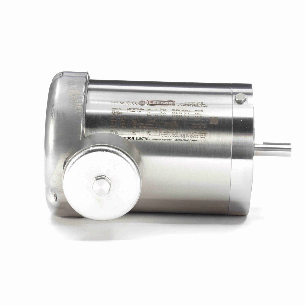 LEESON Premium Duck™ General Purpose Motor, 1 & 1 HP, 3 Ph, 60 & 50 Hz, 230/460 & 190/380 V, 1800 & 1500 RPM, 56C Frame, TEFC - 119497.00