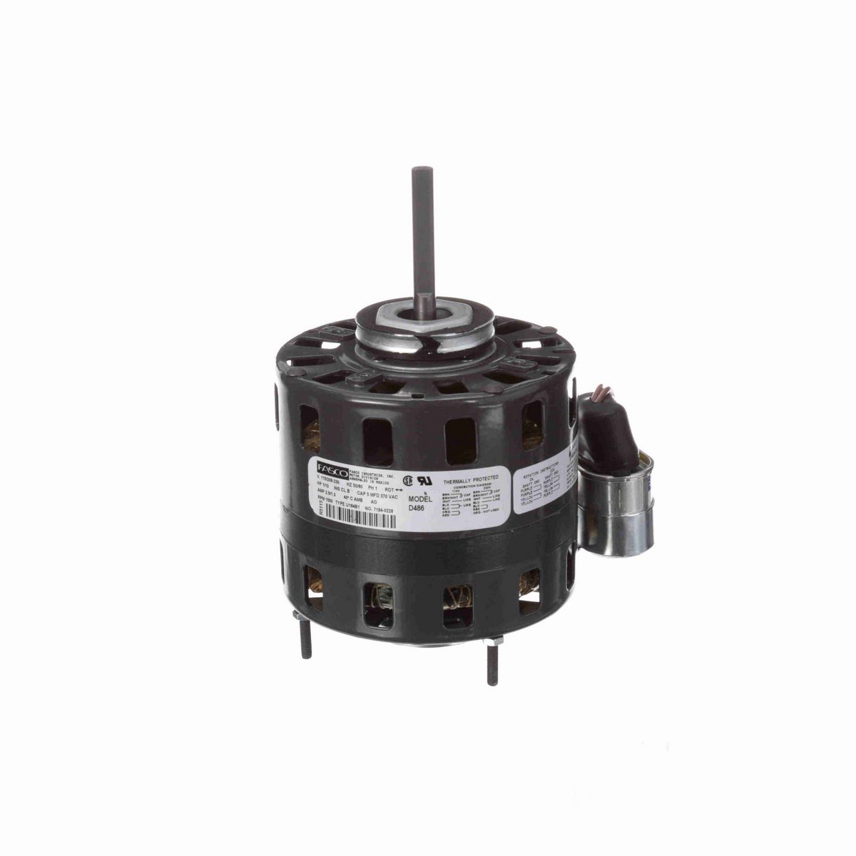 FASCO Refrigeration Motor, 1/10 HP, 1 Ph, 60 Hz, 115/208-230 V, 1550 RPM, 1 Speed, 42 Frame, OAO - D486