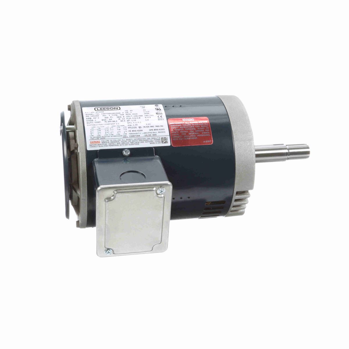 LEESON Close-Coupled Pump Motor, 2 & 1.50 HP, 3 Ph, 60 & 50 Hz, 230/460 & 190/380 V, 3600 & 3000 RPM, 145JMV Frame, DP - GT4106
