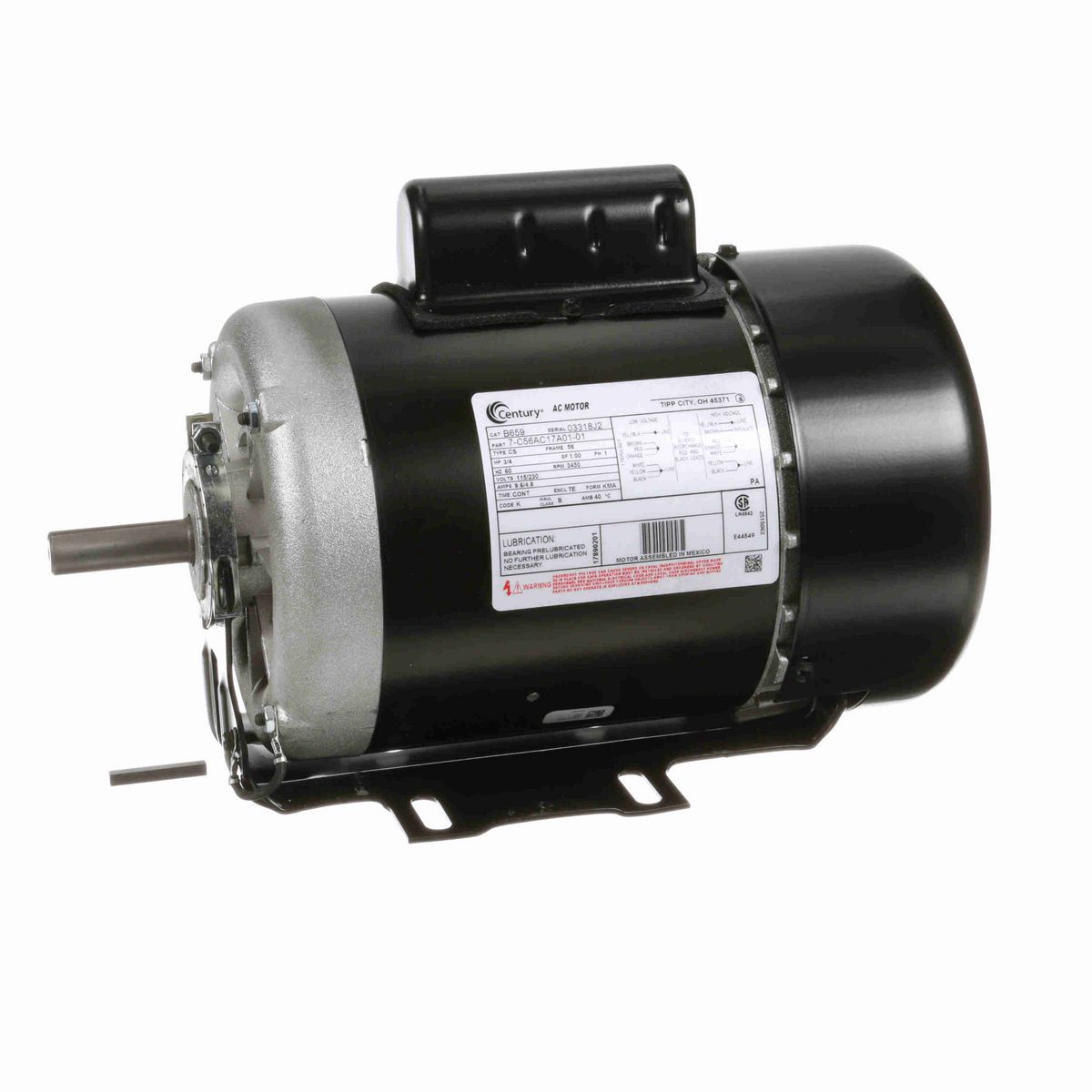Century General Purpose Motor, 3/4 HP, 1 Ph, 60 Hz, 115/230 V, 3600 RPM, 56 Frame, TEFC - B659