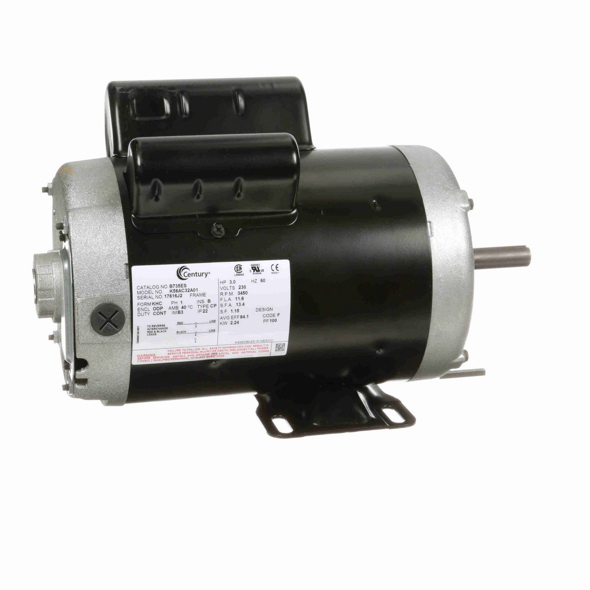 Century General Purpose Motor, 3.0 HP, 1 Ph, 60 Hz, 230 V, 3600 RPM, 56 Frame, ODP - B735ES