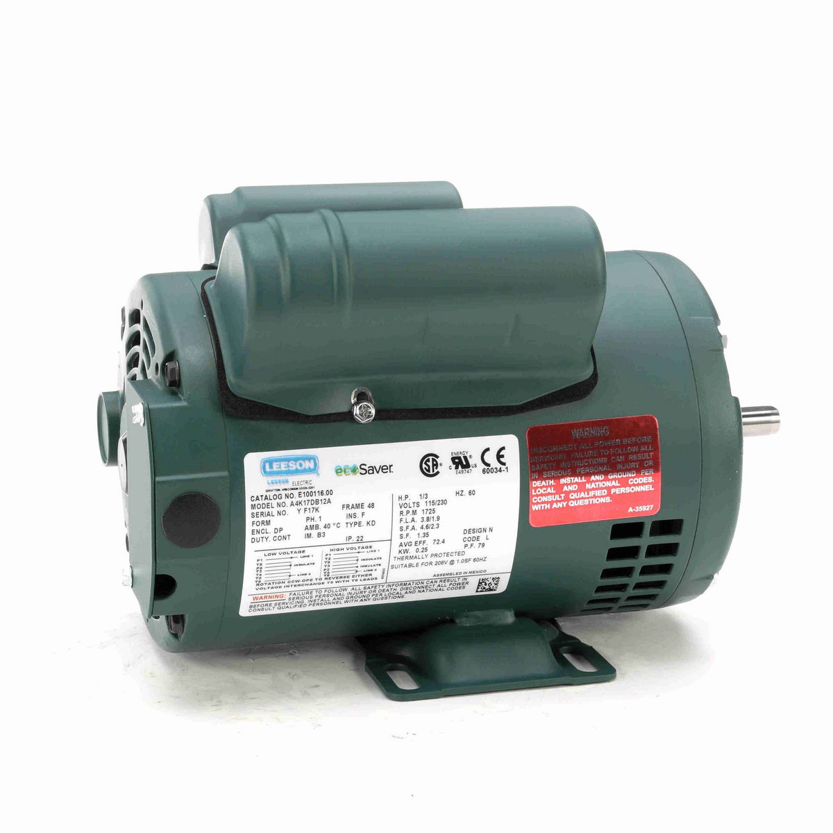 LEESON ecoSaver™ General Purpose Motor, 0.33 HP, 1 Ph, 60 Hz, 115/230 V, 1800 RPM, 48 Frame, DP - E100116.00