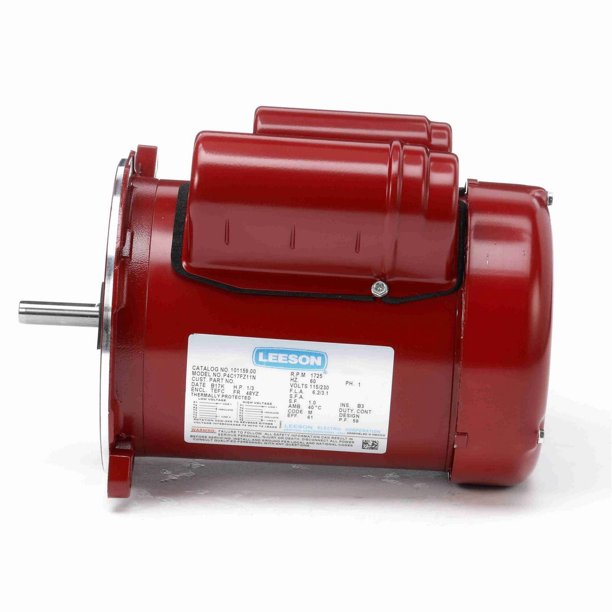 LEESON Auger Drive Motor, 0.33 HP, 1 Ph, 60 Hz, 115/230 V, 1800 RPM, 48Y Frame, TEFC - 101159.00