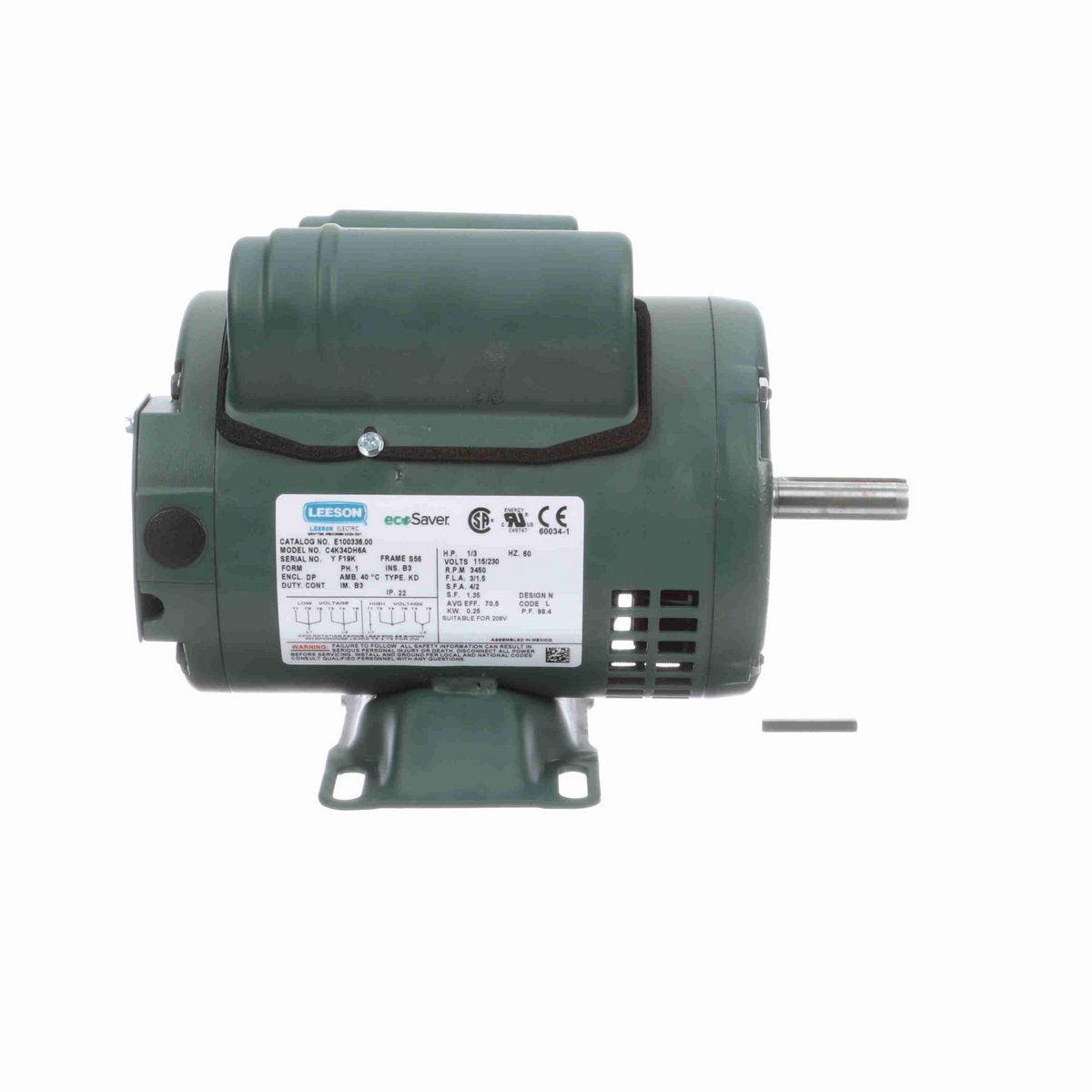 LEESON ecoSaver™ General Purpose Motor, 0.33 HP, 1 Ph, 60 Hz, 115/230 V, 3600 RPM, S56 Frame, DP - E100336.00