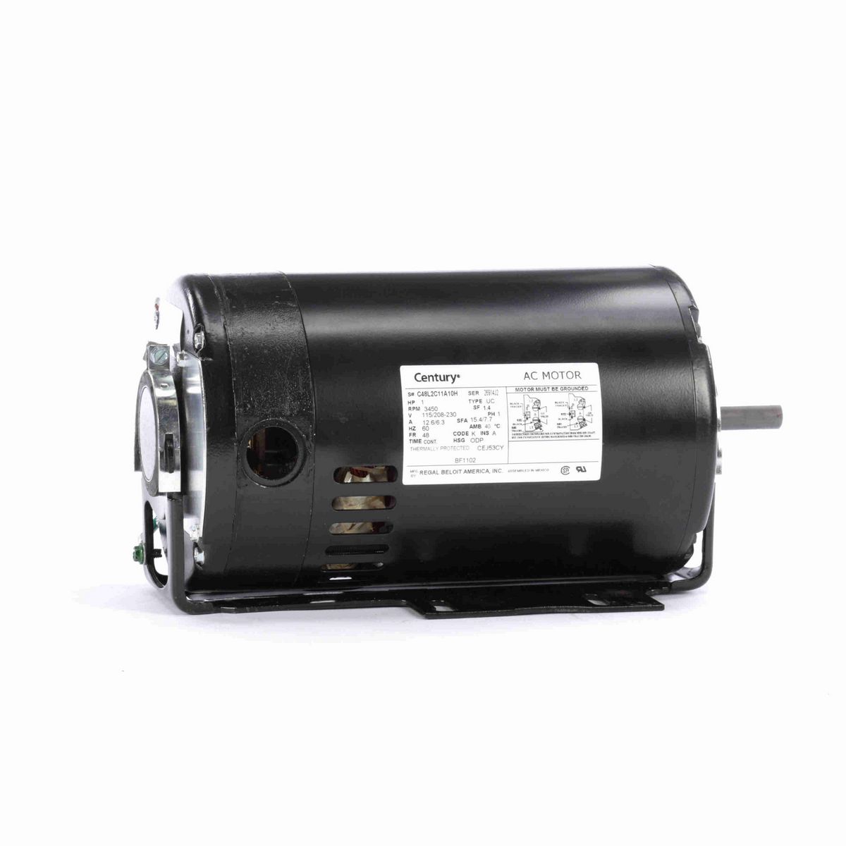 Century Fan and Blower Motor, 1 HP, 1 Ph, 60 Hz, 115/208-230 V, 3600 RPM, 48 Frame, ODP - BF1102