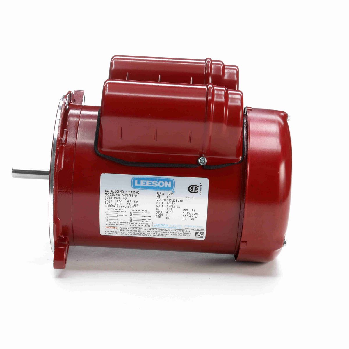 LEESON Auger Drive Motor, 0.50 HP, 1 Ph, 60 Hz, 115/230 V, 1800 RPM, 48Y Frame, TEFC - 101120.00