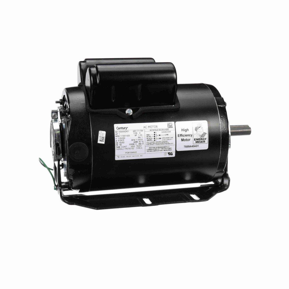 Century Poultry Fan Motor, 1 HP, 1 Ph, 60/50 Hz, 115/230 V, 1800 RPM, 56 Frame, TEAO - PD6104AV2