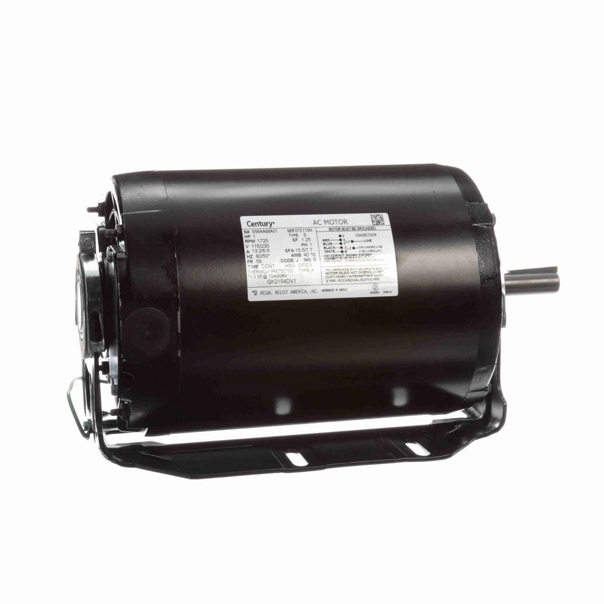 Century Fan and Blower Motor, 1 HP, 1 Ph, 60/50* Hz, 115/230 V, 1800 RPM, 56 Frame, OPEN - GK2104DV1