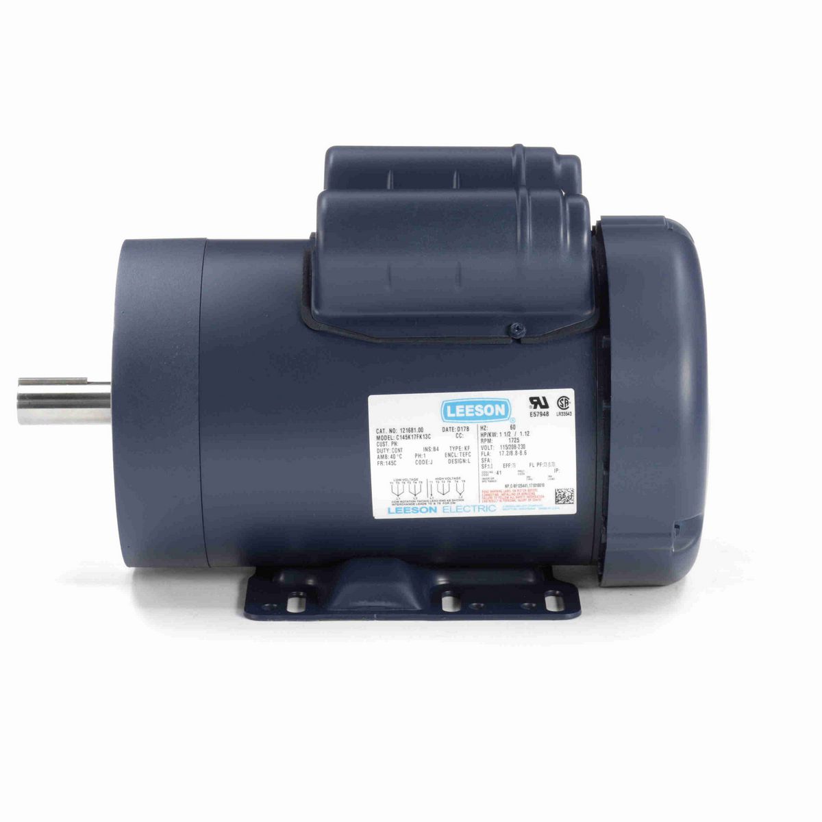LEESON General Purpose Motor, 1.50 HP, 1 Ph, 60 Hz, 115/230 V, 1800 RPM, 145TC Frame, TEFC - 121681.00